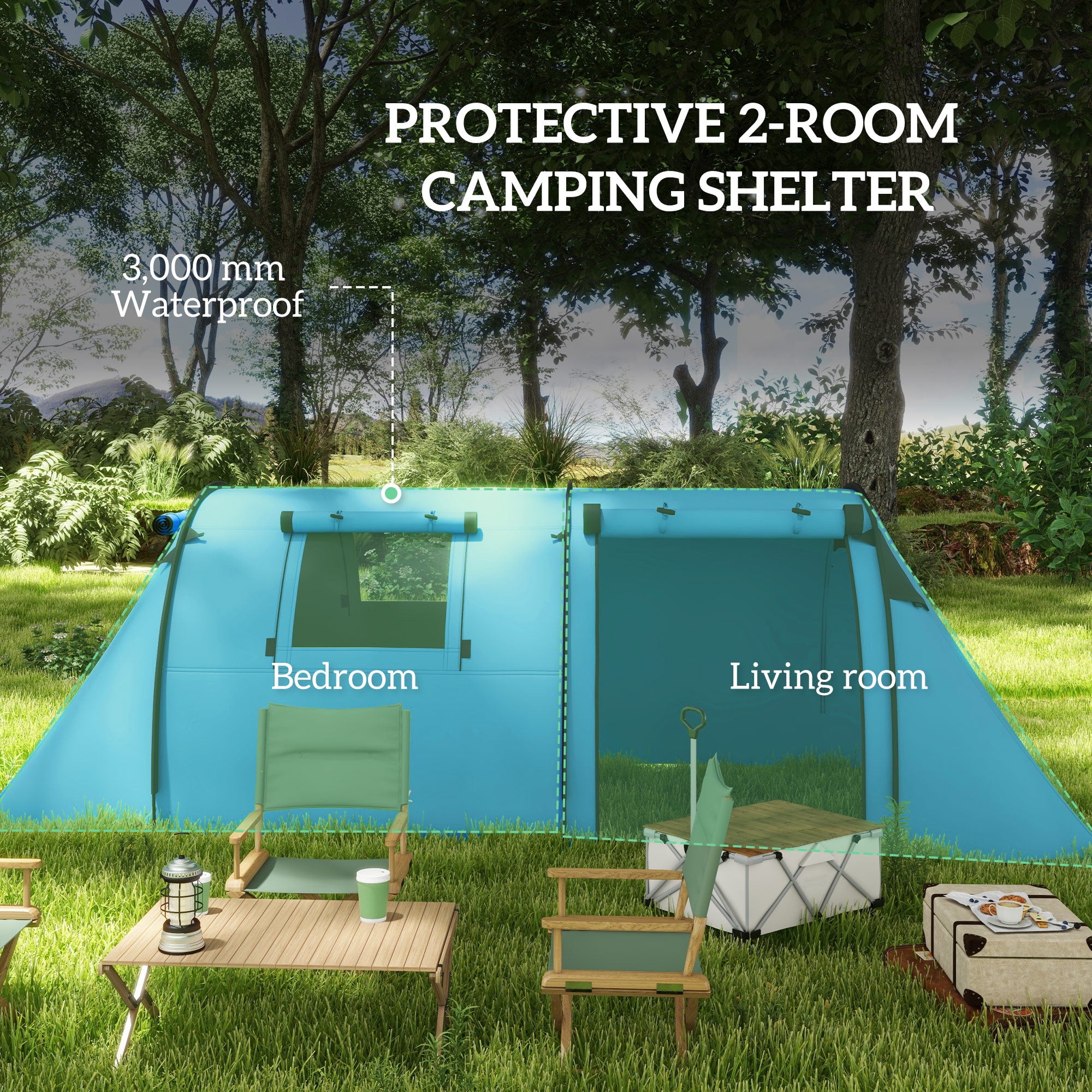 Outsunny Four Man Duo Room Tunnel Tent, with Accessories - Sky Blue - North Peak Garden Furniture
