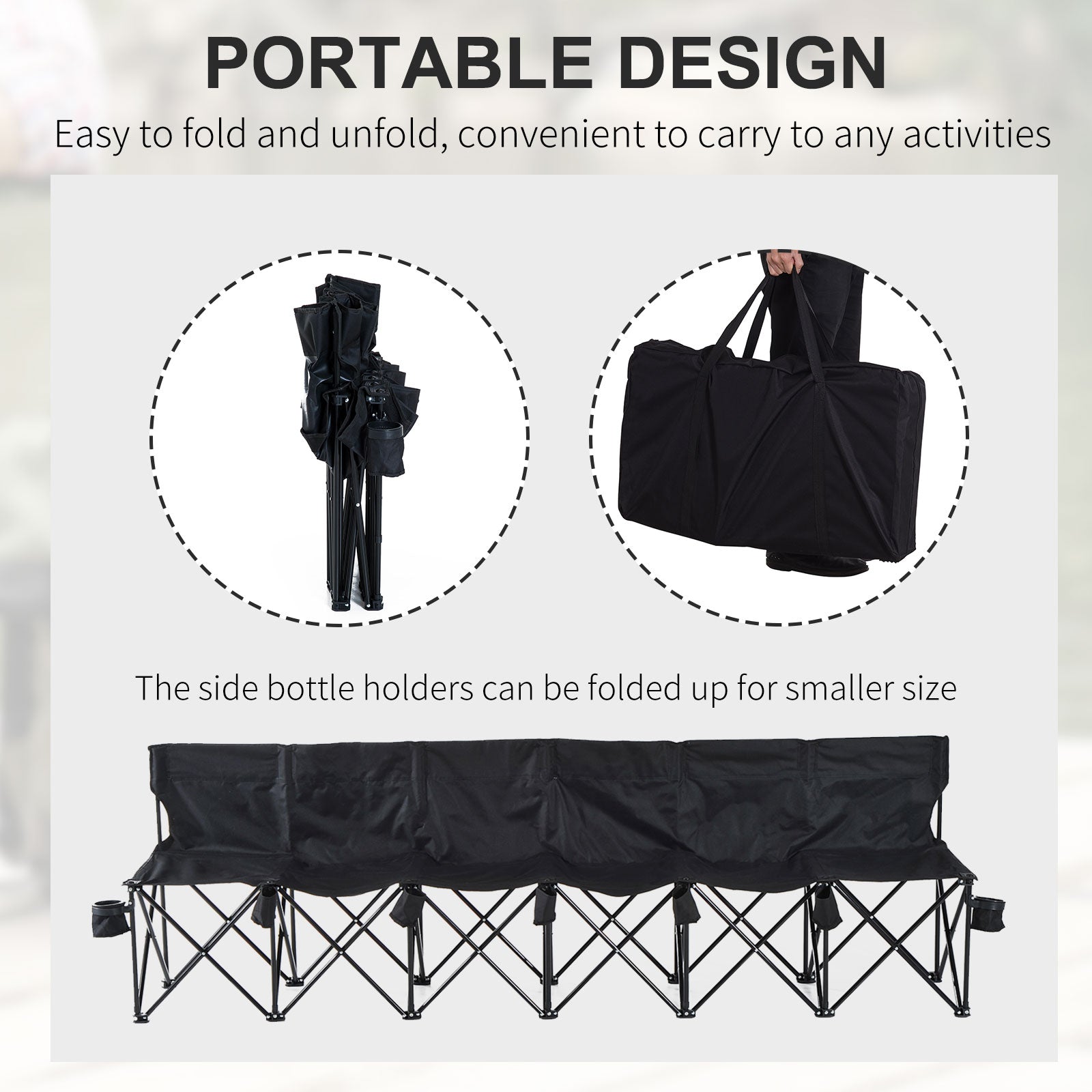 Outsunny 6 Seater Folding Bench, Outdoor Camping Chair Portable Sports Spectator Chair with Steel Frame, Cup Holder & Carry Bag, Black - North Peak Garden Furniture