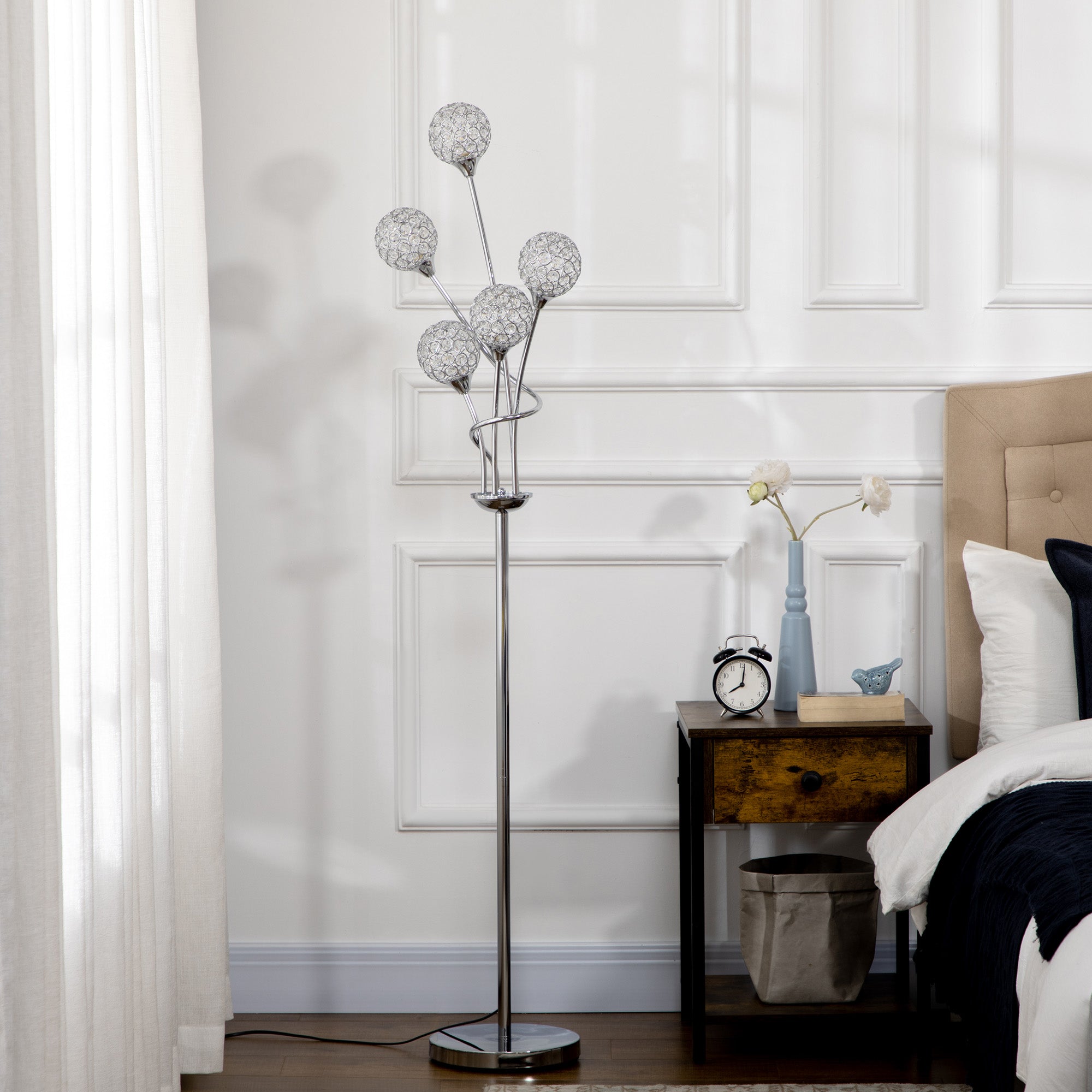 HOMCOM Crystal Floor Lamps for Living Room Bedroom with 5 Light, Modern Upright Standing Lamp, 34x25x156cm, Silver - North Peak Garden Furniture