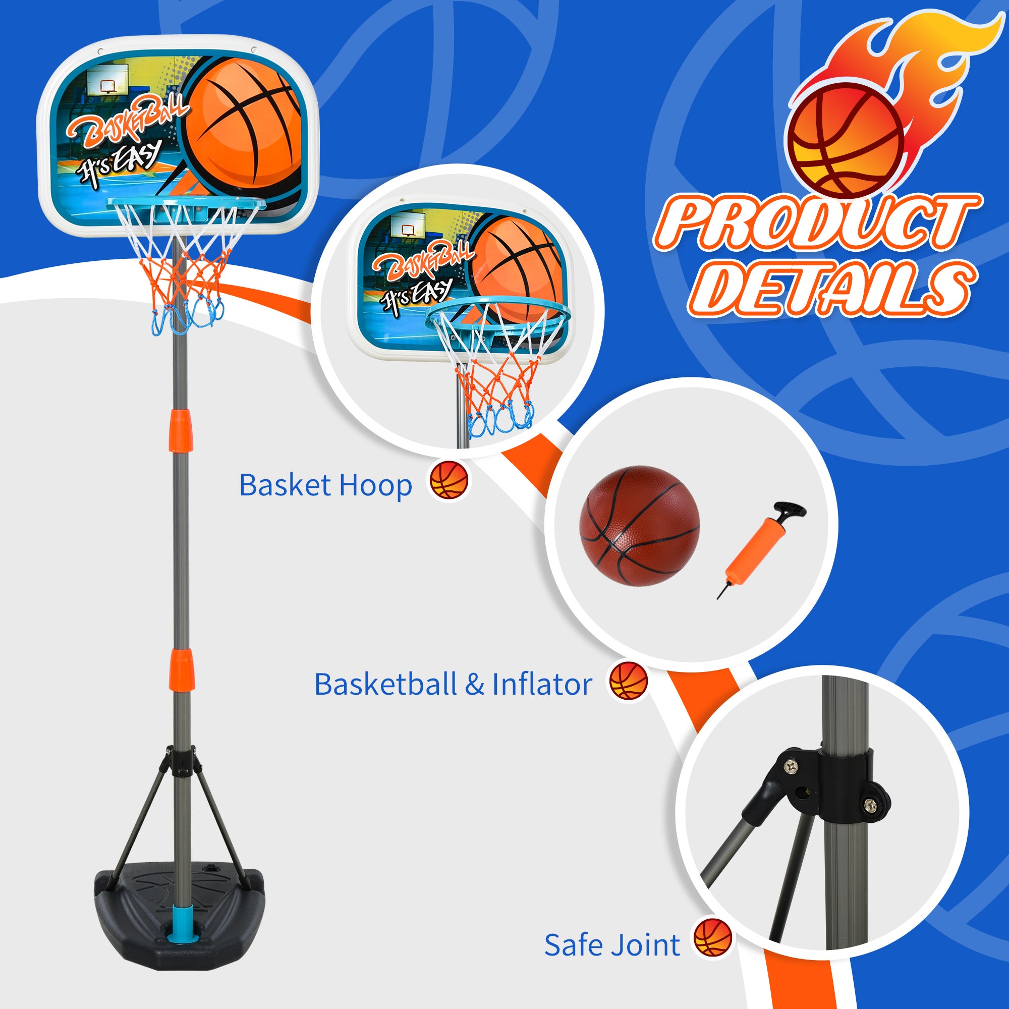 HOMCOM Kids Basketball Hoop and Stand Portable Basketball Stand Set w/ Ball Pump Netting Backboard Adjustable Height from 126 cm to 158 cm - North Peak Garden Furniture