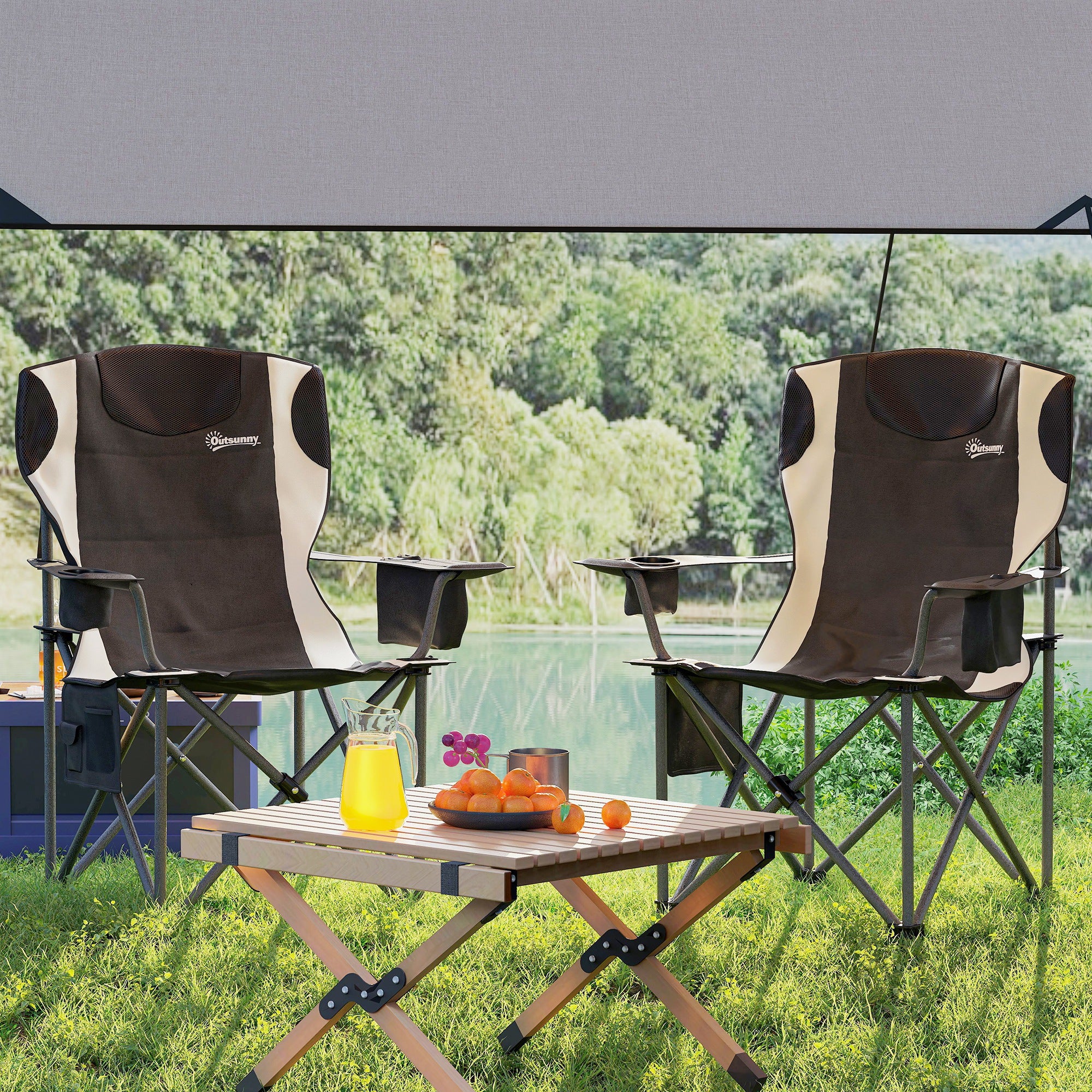 Outsunny Set of 2 Folding Camping Chairs, Padded Camping Chairs with Adjustable Armrests, Portable & Lightweight Folding Camp Chair with Cooler Bag, Cup Holder and Side Pockets, Black - North Peak Garden Furniture