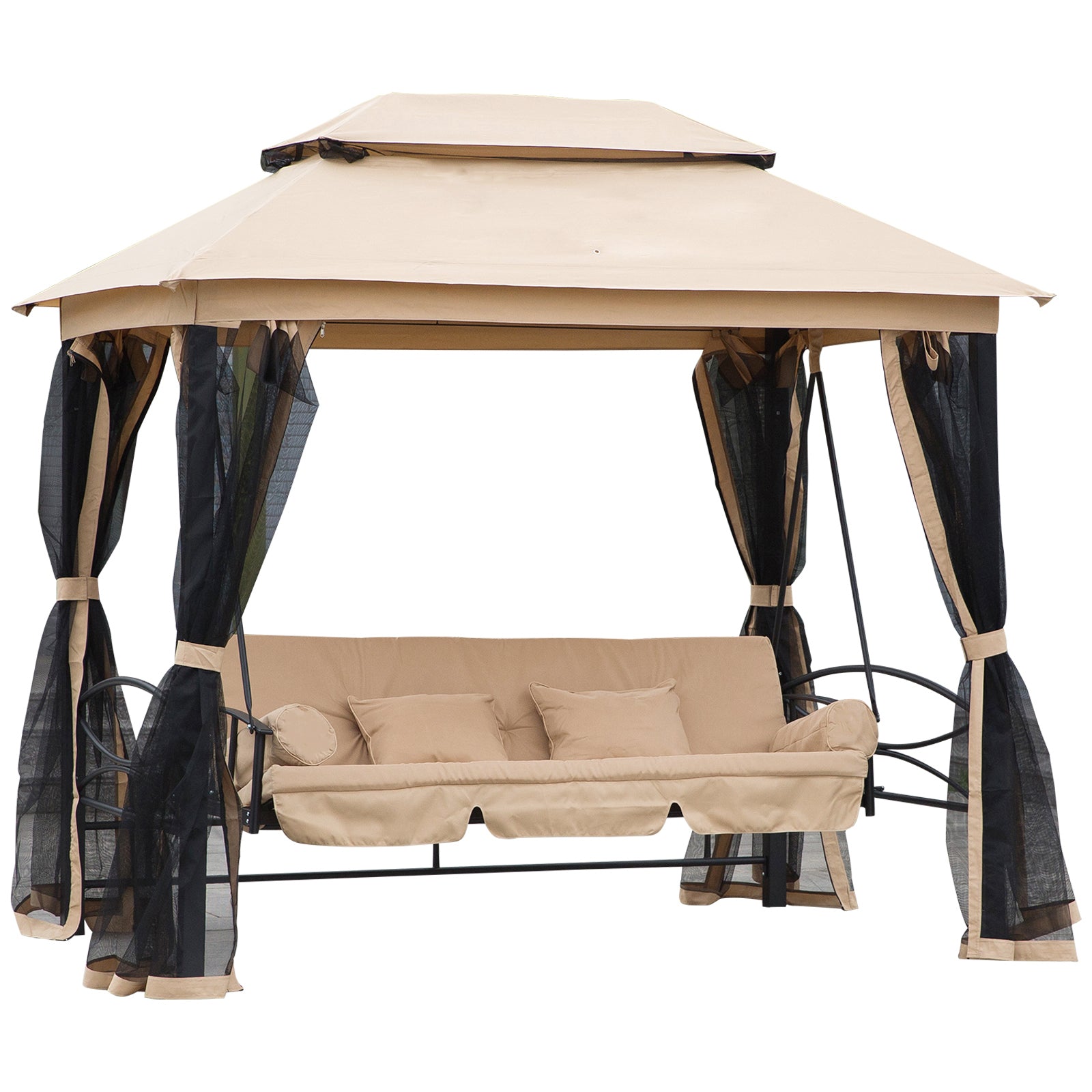 Outsunny 3 Seater Swing Chair 3-in-1 Convertible Garden Swing Seat Bed Gazebo Patio Bench Outdoor with Double Tier Canopy, Cushioned Seat, Mesh Sidewalls, Beige - North Peak Garden Furniture