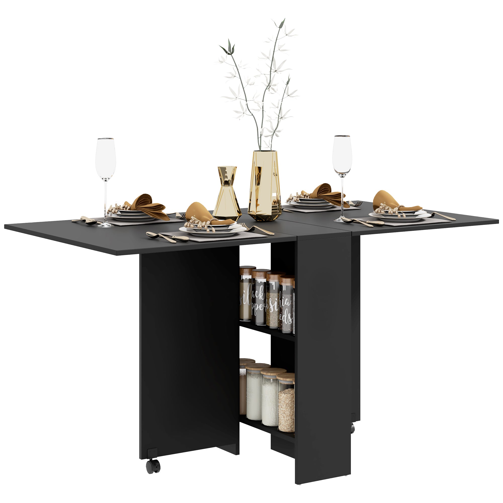 HOMCOM Foldable Dining Table, Extendable Drop Leaf Table with 2-tier Shelves, Small Dinner Table with Rolling Casters - North Peak Garden Furniture