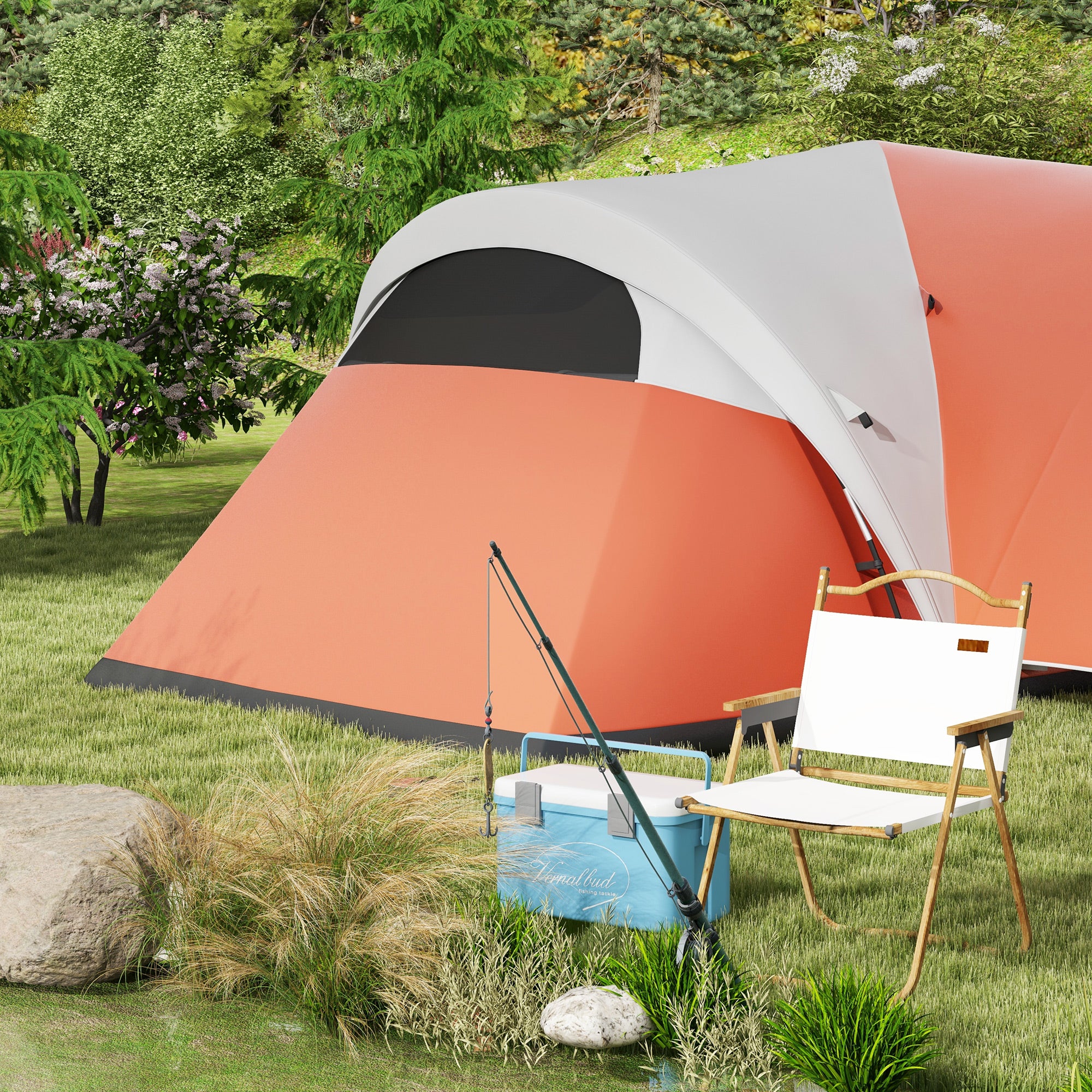 Outsunny 3000mm Waterproof Camping Tent for 5-6 Man, Family Tent with Porch and Sewn in Groundsheet, Portable with Bag, Orange - North Peak Garden Furniture