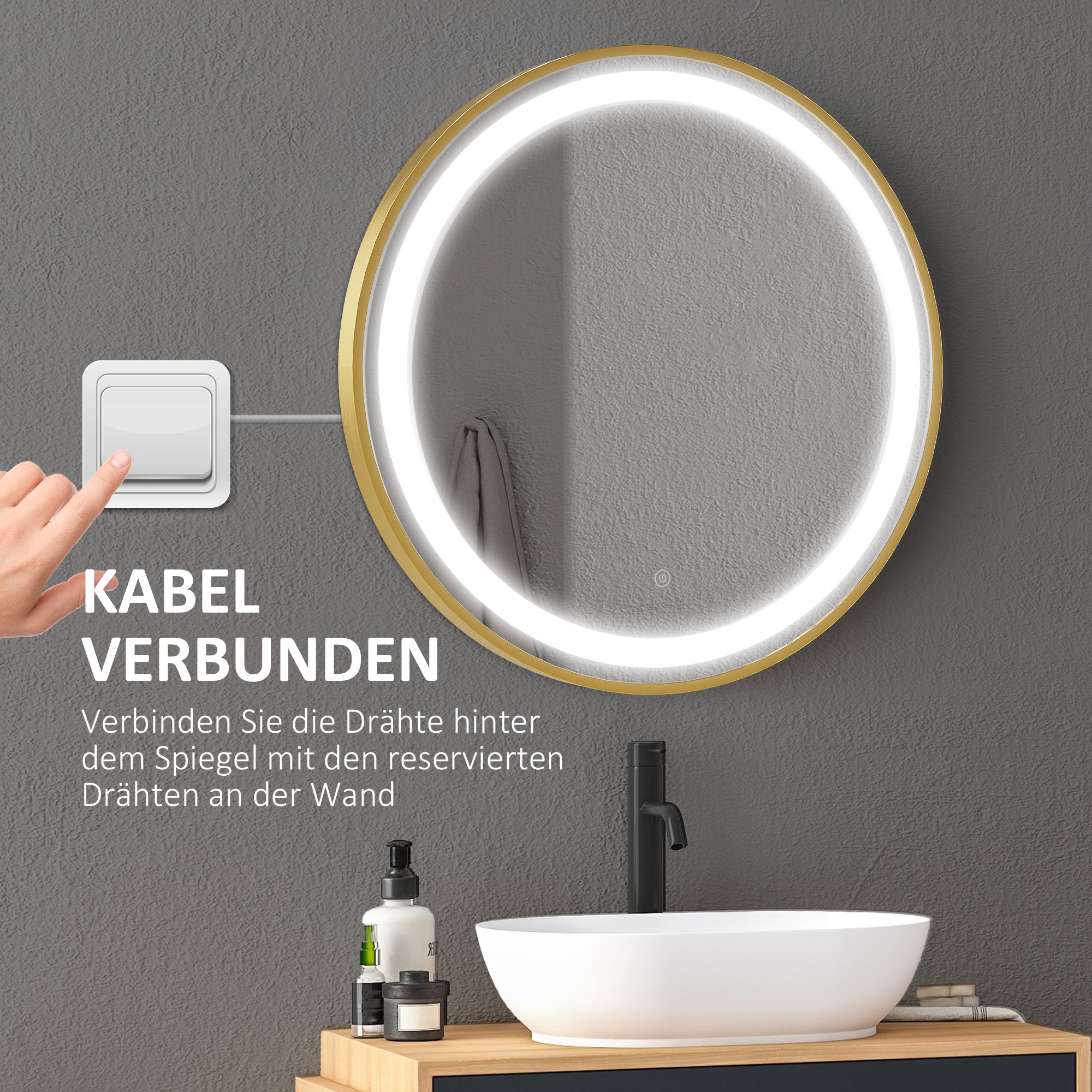 kleankin Round LED Bathroom Mirror, Dimmable Lighted Wall Mount Mirror with 3 Colours, Time Display, Memory Function, Hardwired - North Peak Garden Furniture