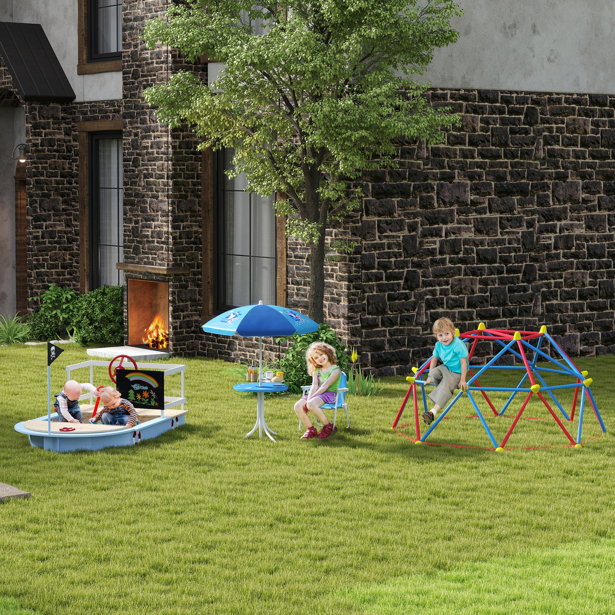 Outsunny Kids Outdoor Bistro Table and Chair Set, Folding Garden Furniture w/ Shark Design, Removable, Adjustable Sun Umbrella, Ages 3-6 Years - Blue - North Peak Garden Furniture