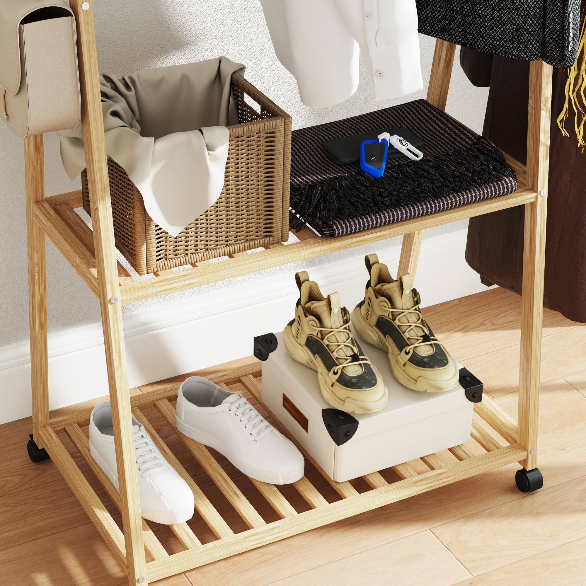 HOMCOM Bamboo Clothes Rack, with Shelves and Hooks - Natural Finish - North Peak Garden Furniture