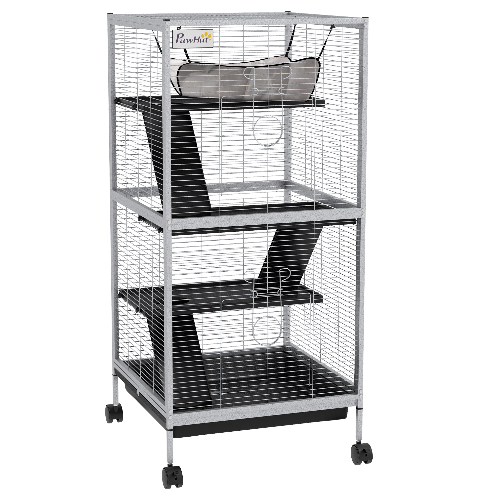 PawHut Small Animal Cage Pet Play House with Wheels Platforms Light Grey - North Peak Garden Furniture