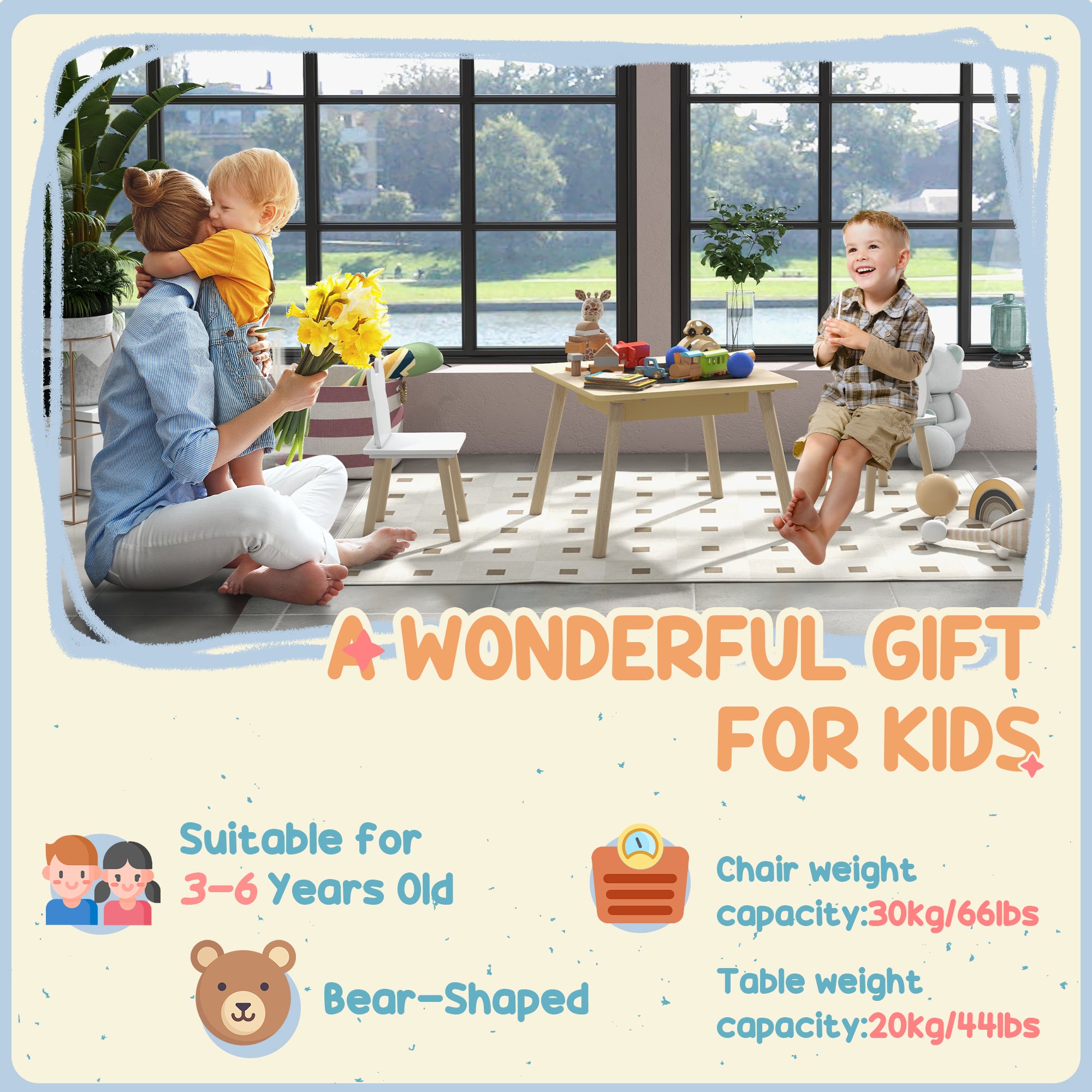 AIYAPLAY 3-Piece Kids Table and Chairs Set with Convertible Desk and Storage Grid, Kids Activity Table for Nursery, Playroom - North Peak Garden Furniture