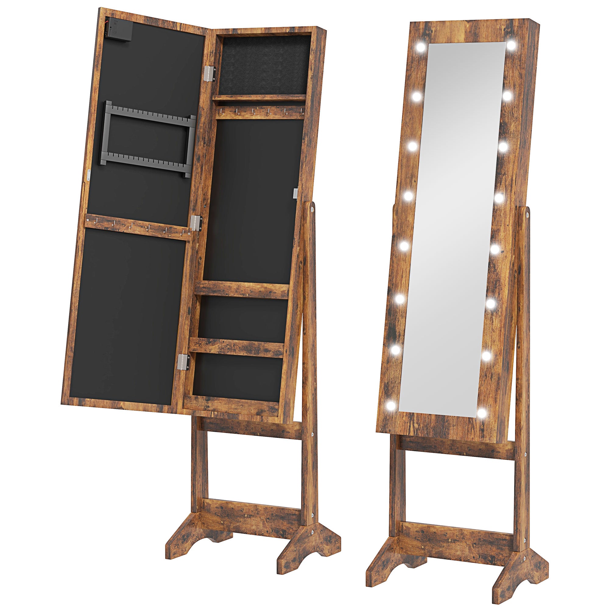 HOMCOM Free Standing Mirror Jewelry Cabinet with LED Lights, Jewellery Organiser with 3 Angle Adjustable, Full-Length Mirror with Storage for Earrings, Necklaces, Rings and Lipsticks, Rustic Brown