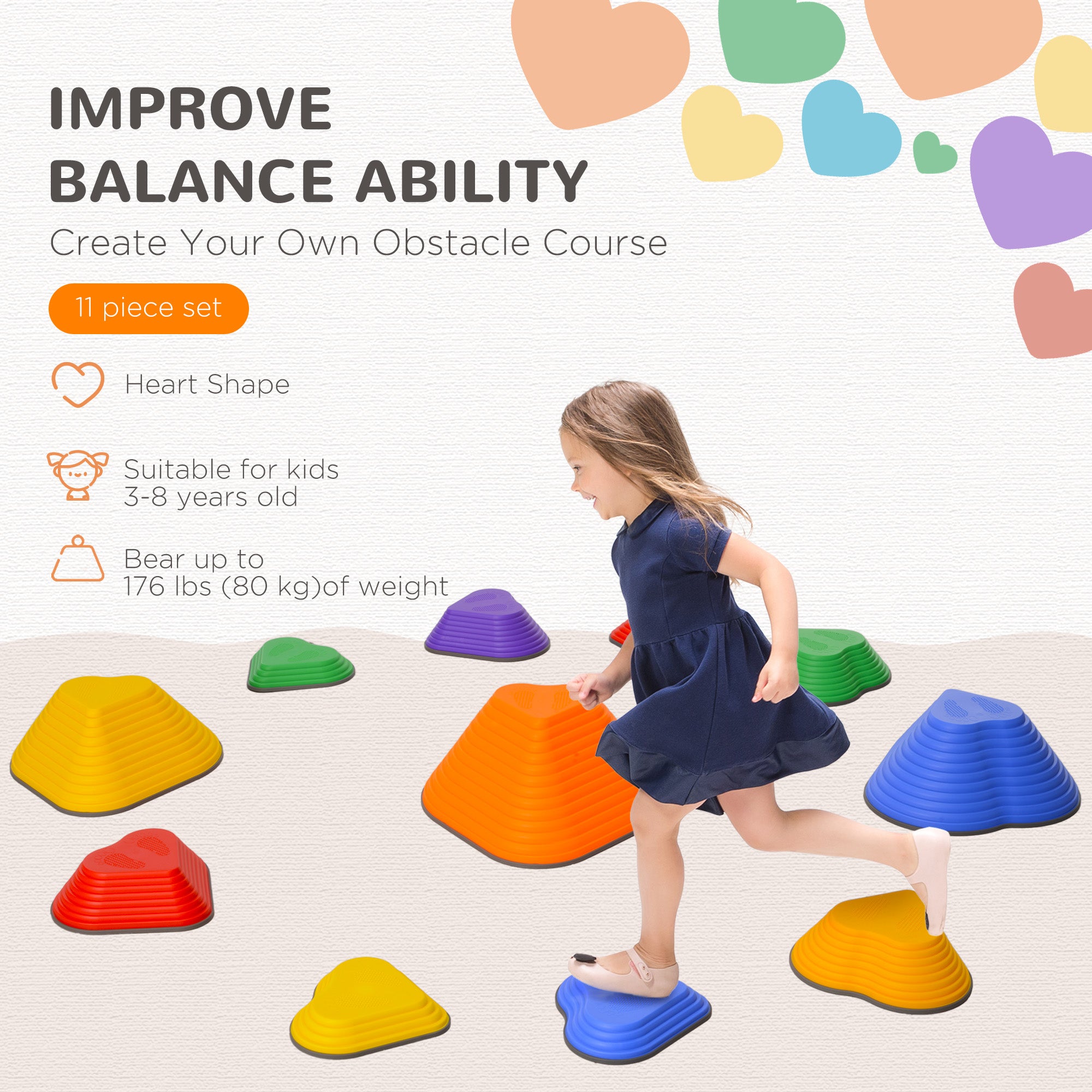 AIYAPLAY 11-Piece Heart-Shaped Kids Balance Stepping Stones and Motor Skills, Multicoloured