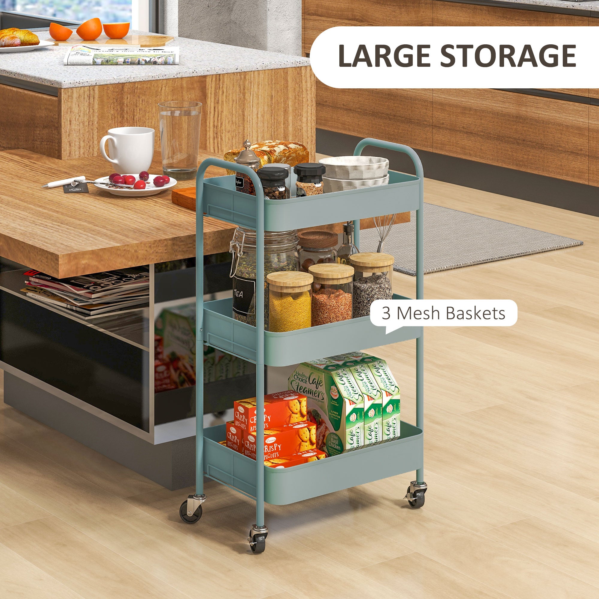 HOMCOM Three-Tier Steel Storage Trolley - Light Blue - North Peak Garden Furniture