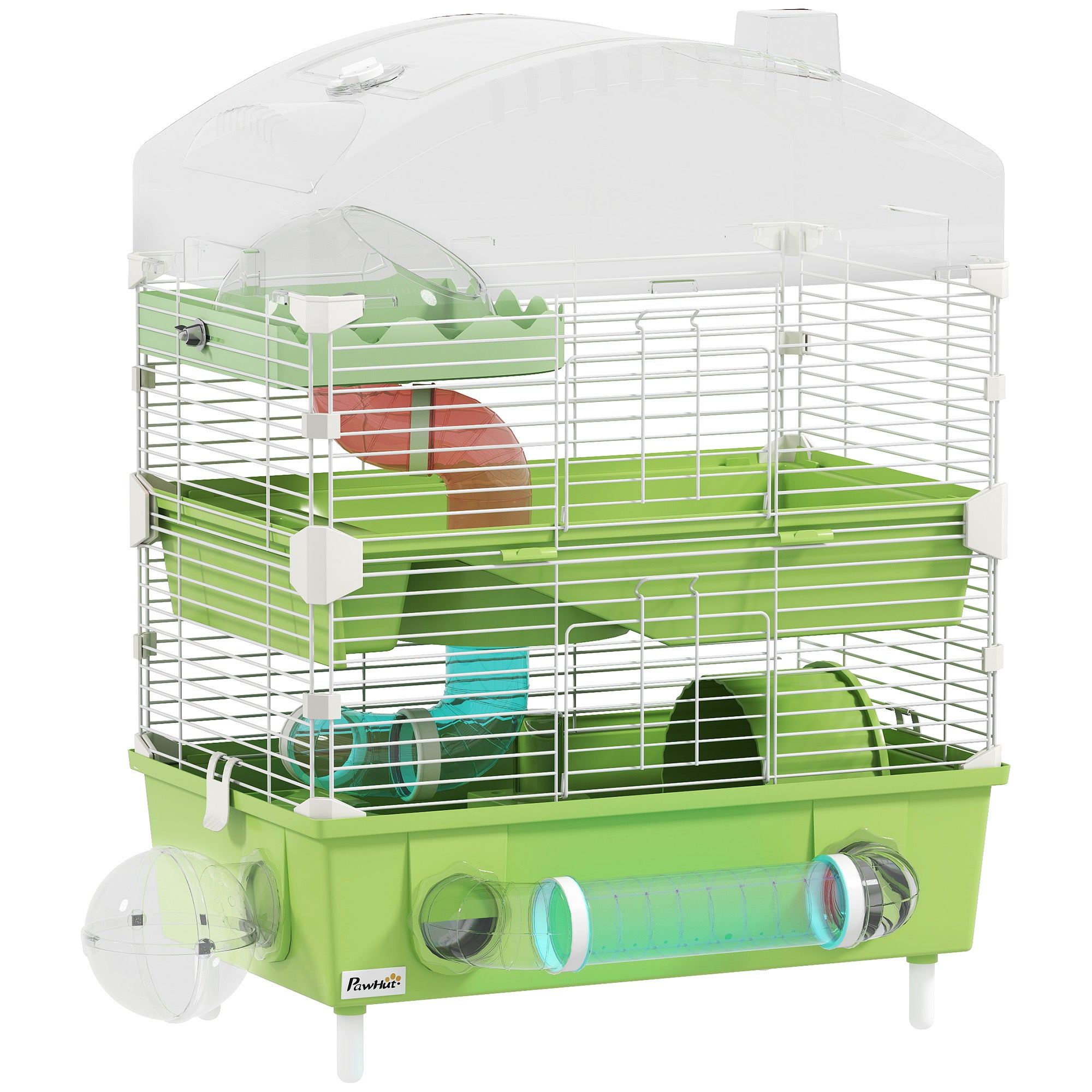 PawHut 3-Tier Hamster Cage with Transparent Top, Sand Bathroom, Exercise Wheel, Hideout Room, Tubes, 45 x 28 x 60 cm, Green - North Peak Garden Furniture