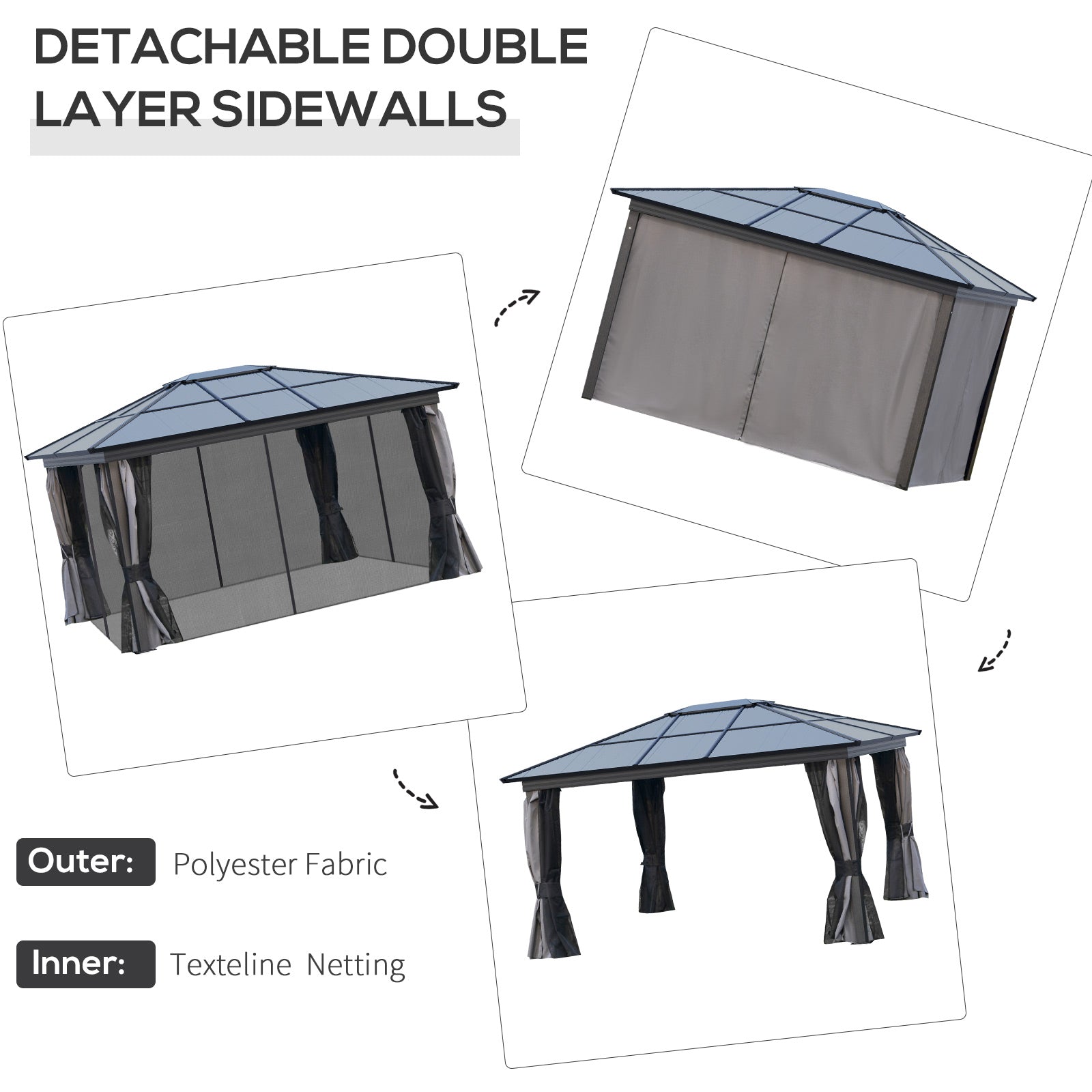 Outsunny 3.6 x 4m Hardtop Gazebo Canopy with Polycarbonate Roof, Aluminium Frame, Permanent Pavilion Garden Gazebo with Netting and Curtains for Patio, Deck, Dark Grey - North Peak Garden Furniture