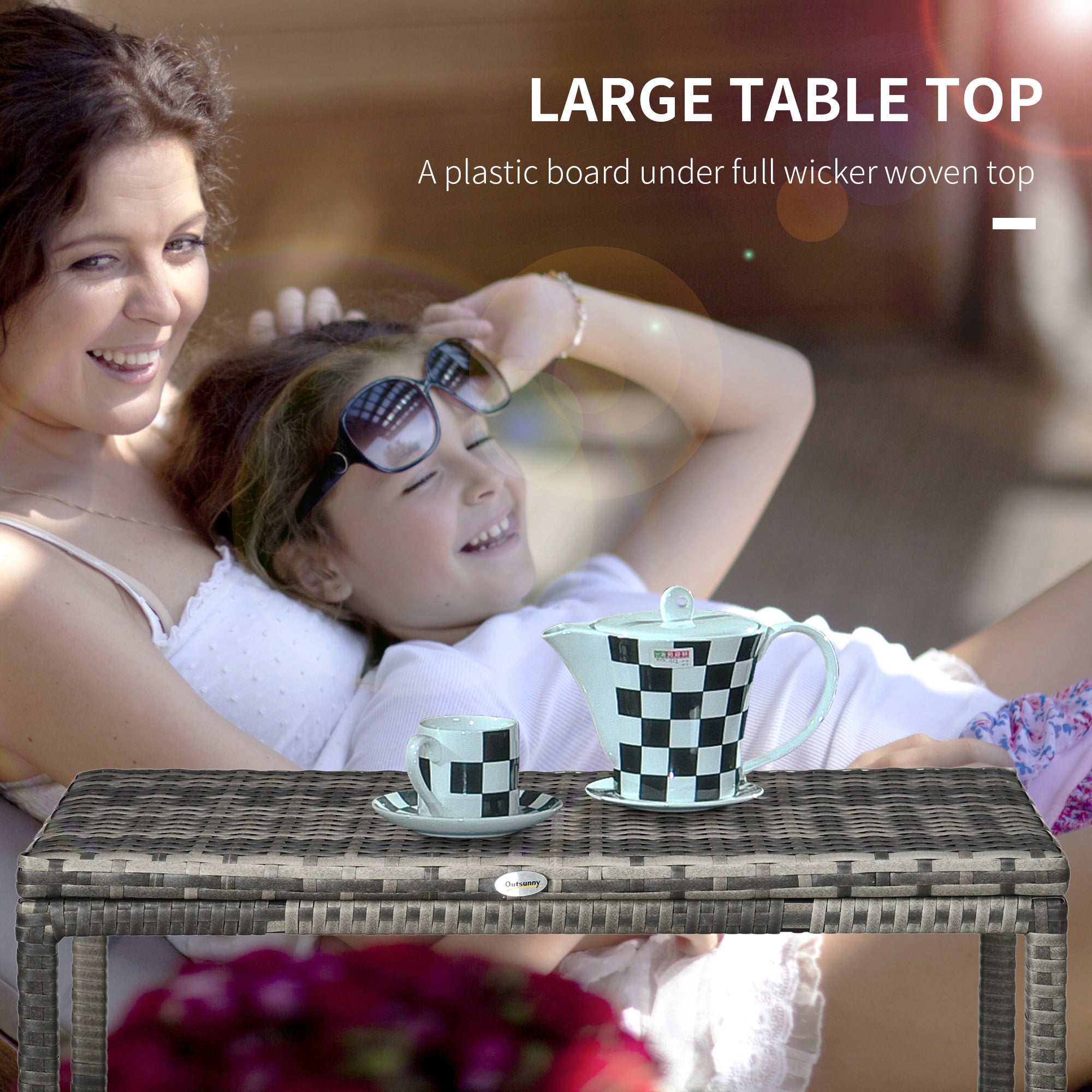 Outsunny Outdoor Coffee Table, Garden PE Rattan Side Table with Plastic Board Under the Full Woven Table Top and Rectangular Frame for Patio, Balcony, Mixed Grey - North Peak Garden Furniture
