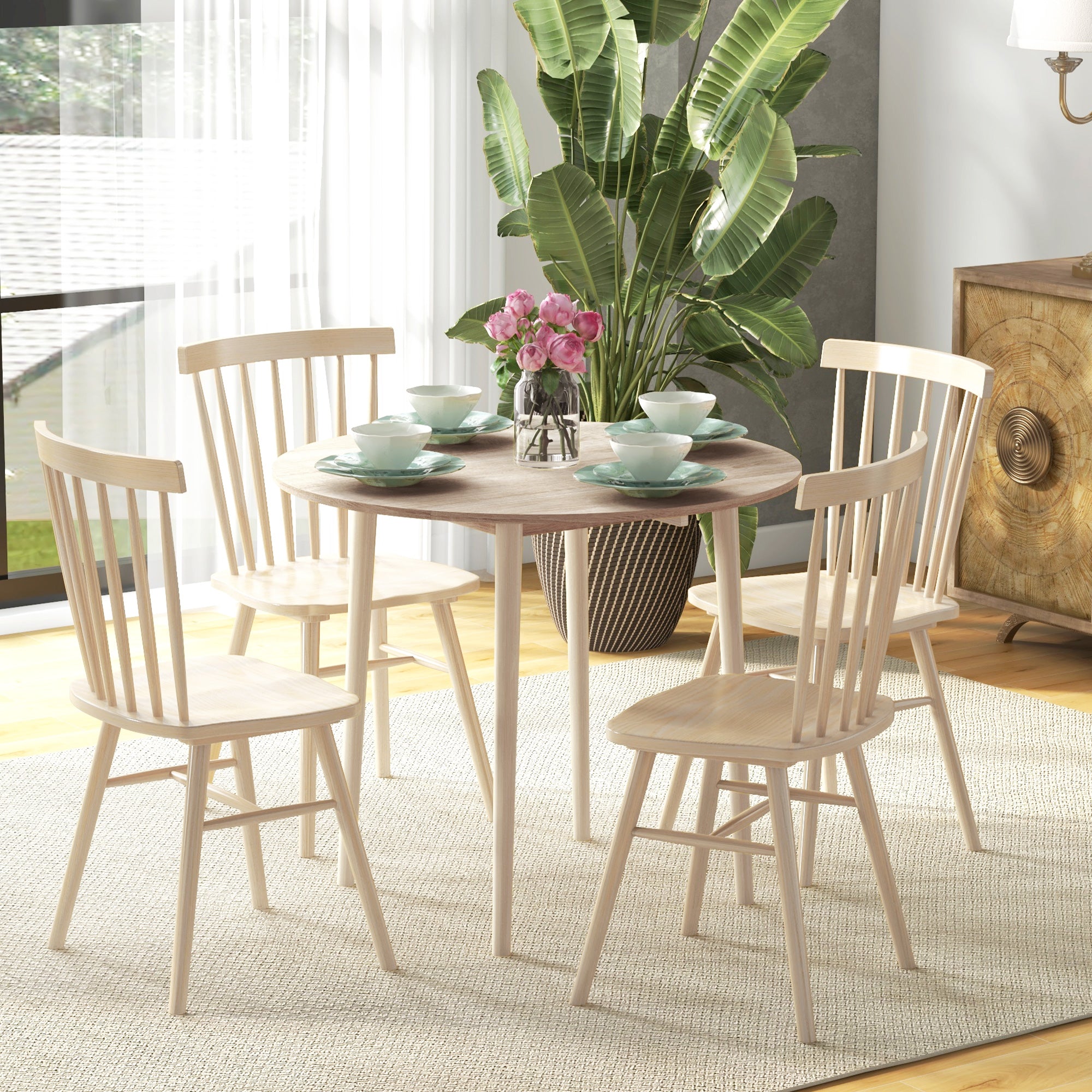 HOMCOM Folding Dining Table for 4, Round Drop Leaf Table, Modern Space Saving Small Kitchen Table with Wood Legs for Dining Room, Natural - North Peak Garden Furniture