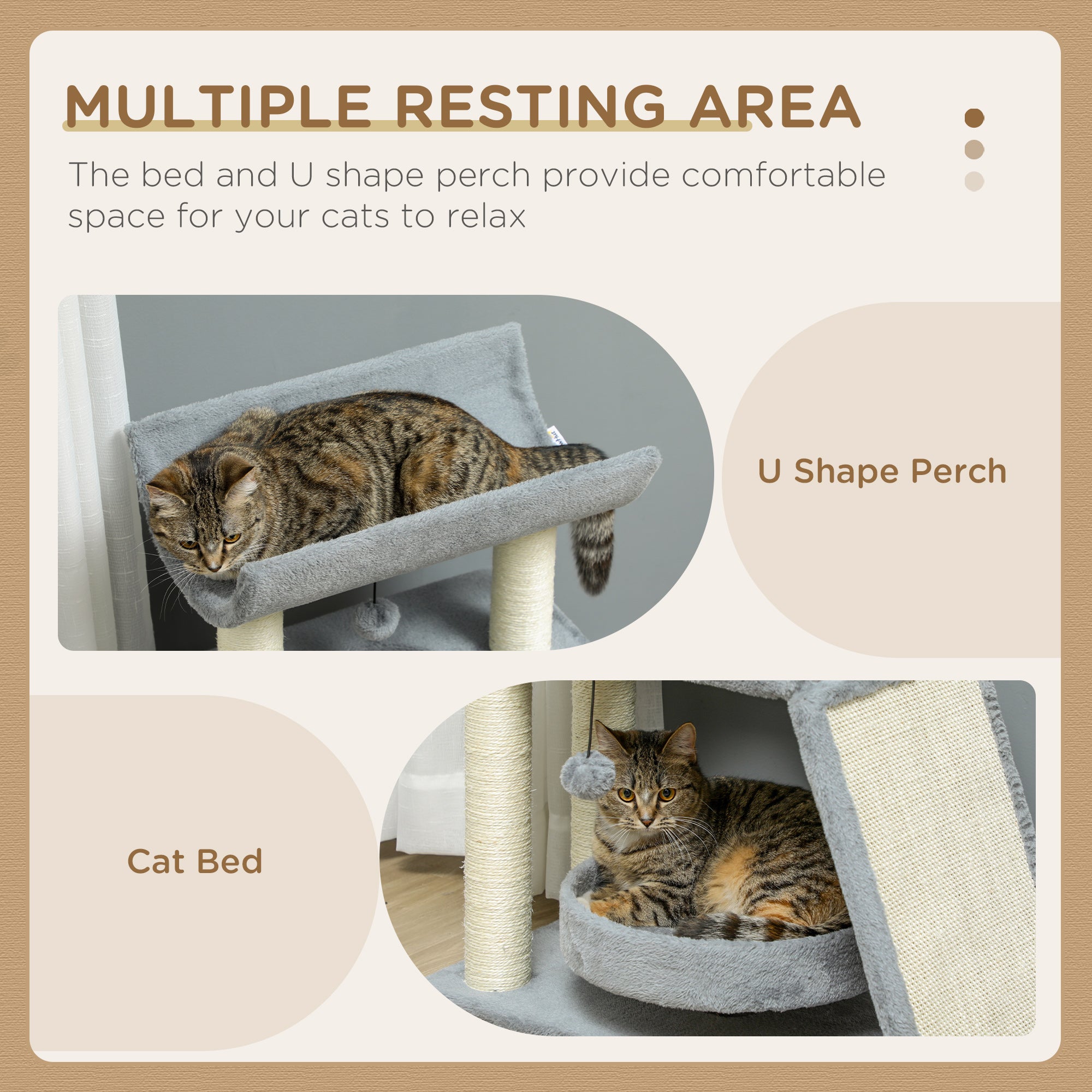 PawHut Cat Tree Tower, with Scratching Posts, Pad, Bed, Perch, Toy Ball - Light Grey - North Peak Garden Furniture