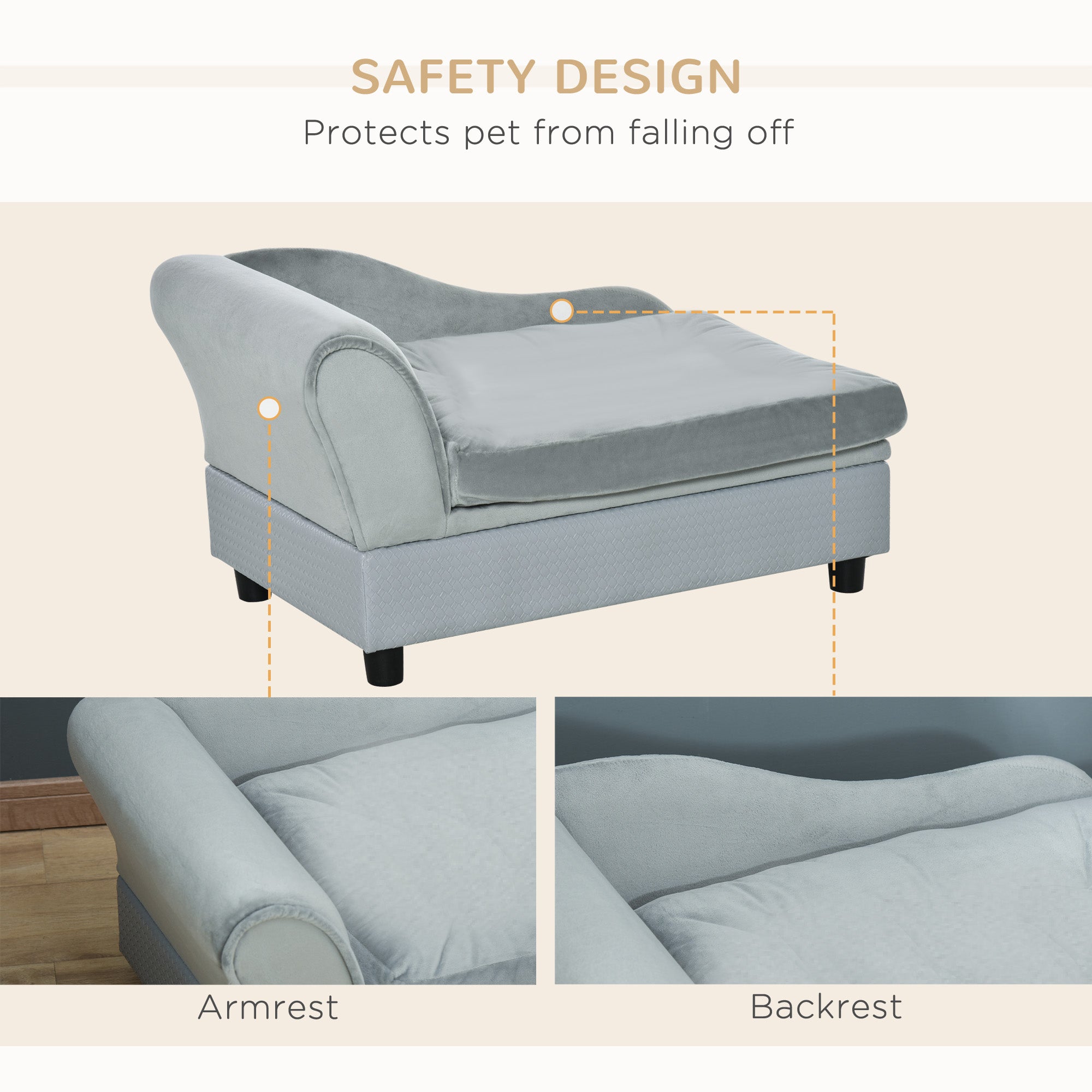 PawHut Pet Sofa Chair, with Storage, Cushion, for Small Dogs, Cats - Light Grey - North Peak Garden Furniture