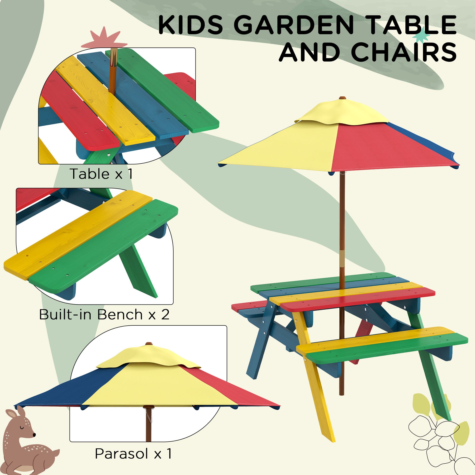 Outsunny Wooden Kids Table and Chair Set with Removable Parasol, for Ages 3-6 Years - Multicoloured - North Peak Garden Furniture