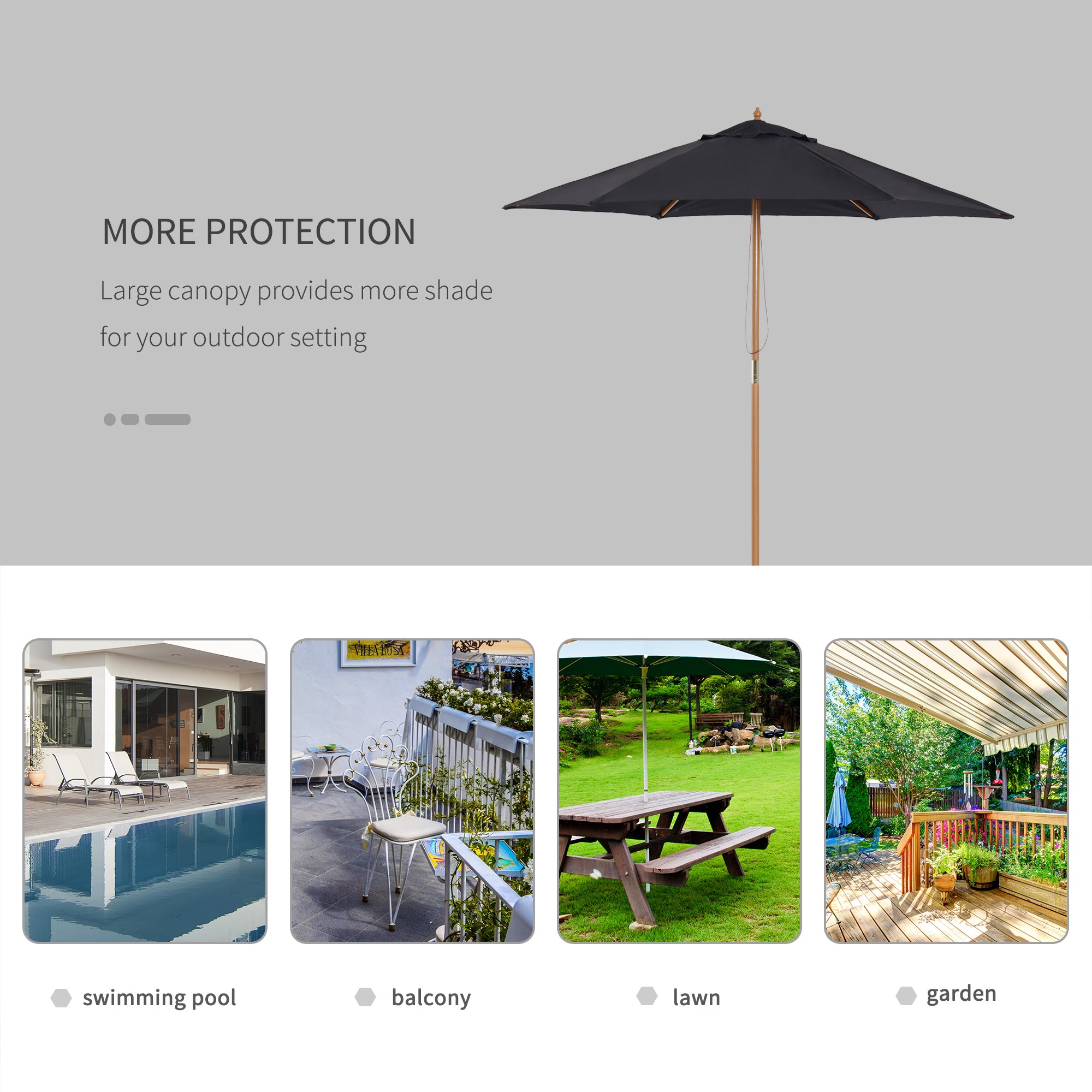 Outsunny Wooden Patio Parasol: 2.5m Outdoor Sun Umbrella, Weather-Resistant, Black