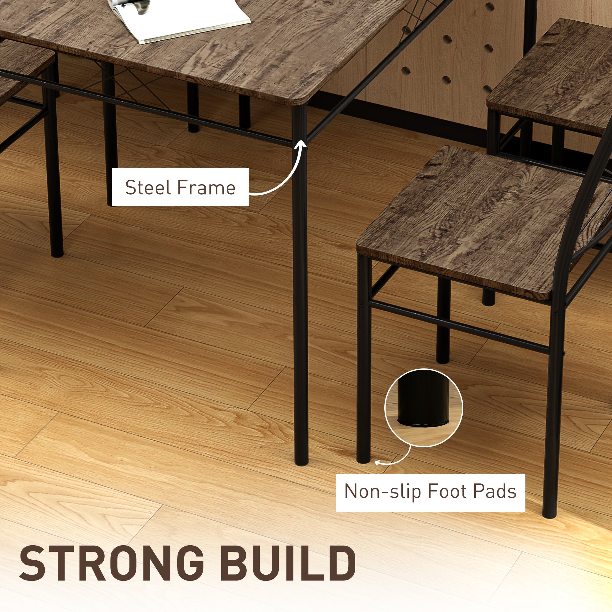 HOMCOM Modern Dining Table Set for 4, Space-Saving 5 Pieces Kitchen Table Set with Rectangle Table and Steel Frame, Oak - North Peak Garden Furniture