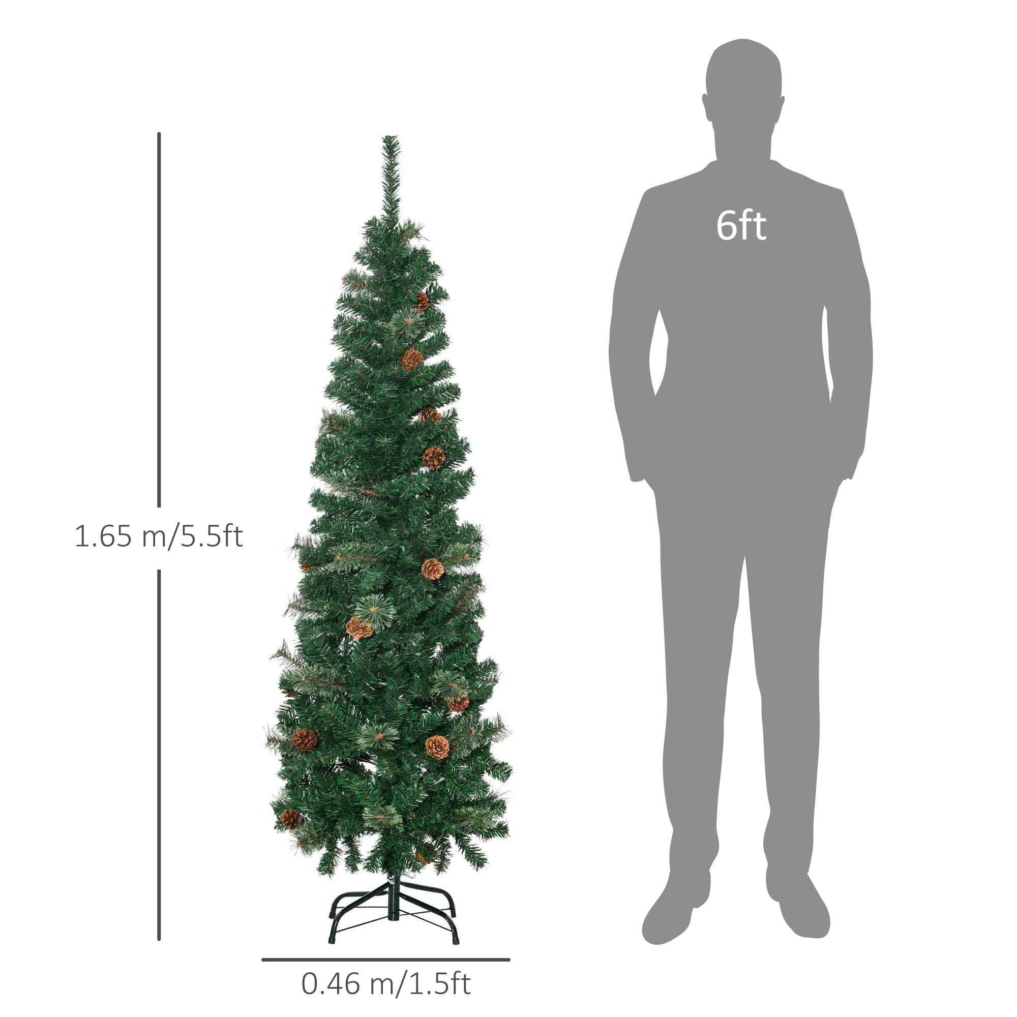 HOMCOM 5.5FT Tall Pencil Slim Artificial Christmas Tree with Realistic Branches, Tip Count and Pine Cones, Pine Needles Tree, Xmas Decoration, Green