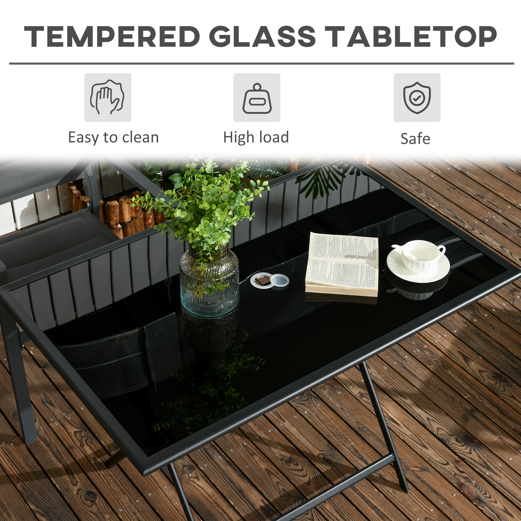 Outsunny Folding Outdoor Dining Table for 6, Rectangle Garden Table Tempered Glass Top with Parasol Hole Garden Lawn Backyard, 110 x 70 x 70 cm - North Peak Garden Furniture