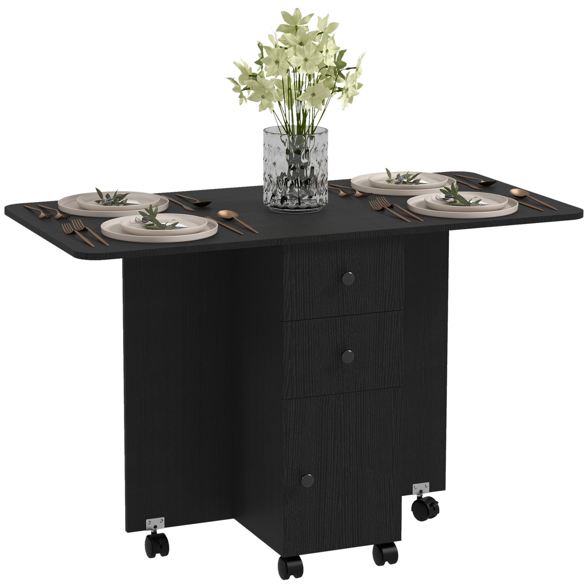 HOMCOM Multi-Storage Six-Person Drop Leaf Dining Table - Distressed Black - North Peak Garden Furniture