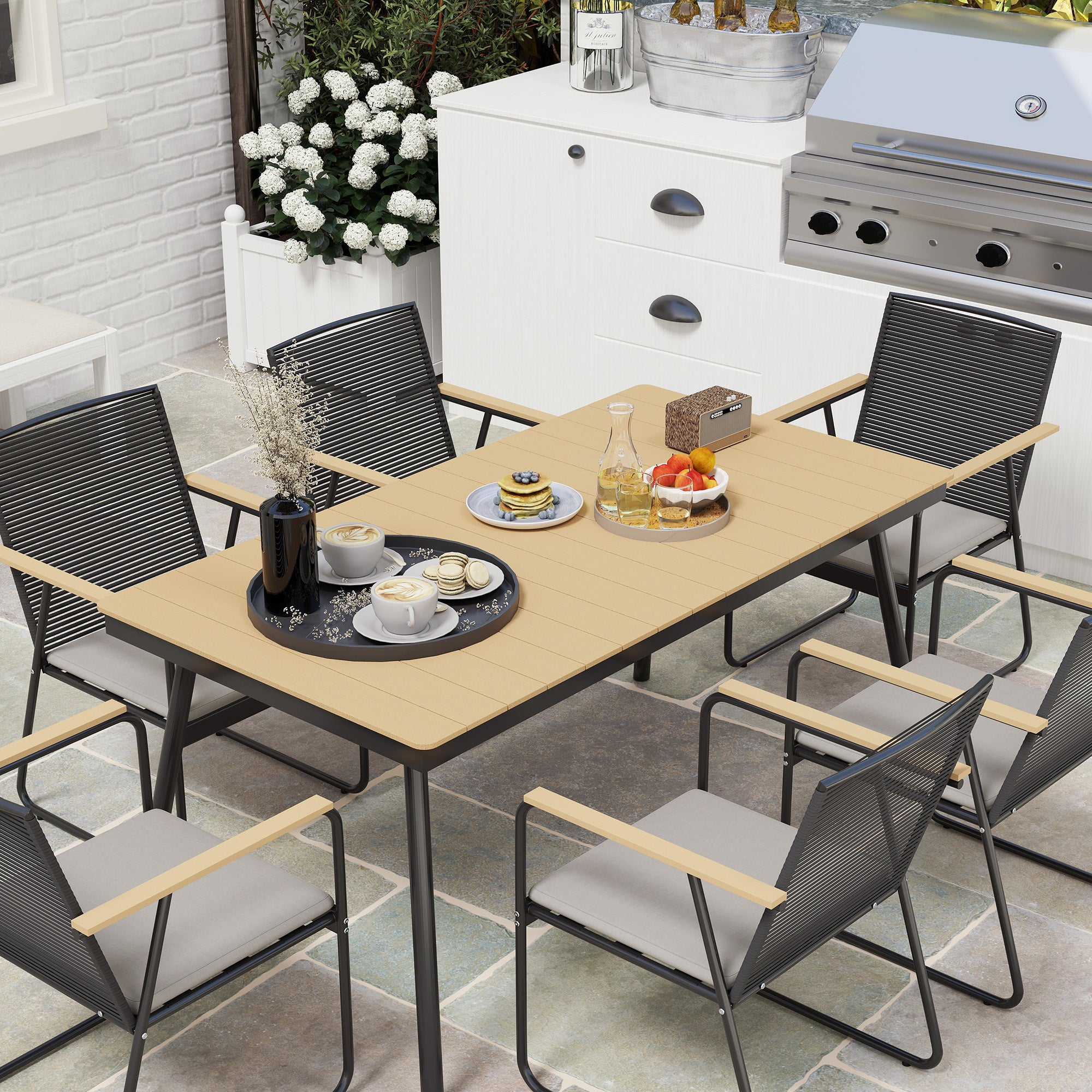 Outsunny 6 Seater Garden Dining Set with Soft Cushions, Rattan Backrest, Rectangular Plastic Top, Garden Furniture Set, Outdoor Dining Table and Chairs for Patio, Balcony, Poolside, Nature Wood Finish - North Peak Garden Furniture