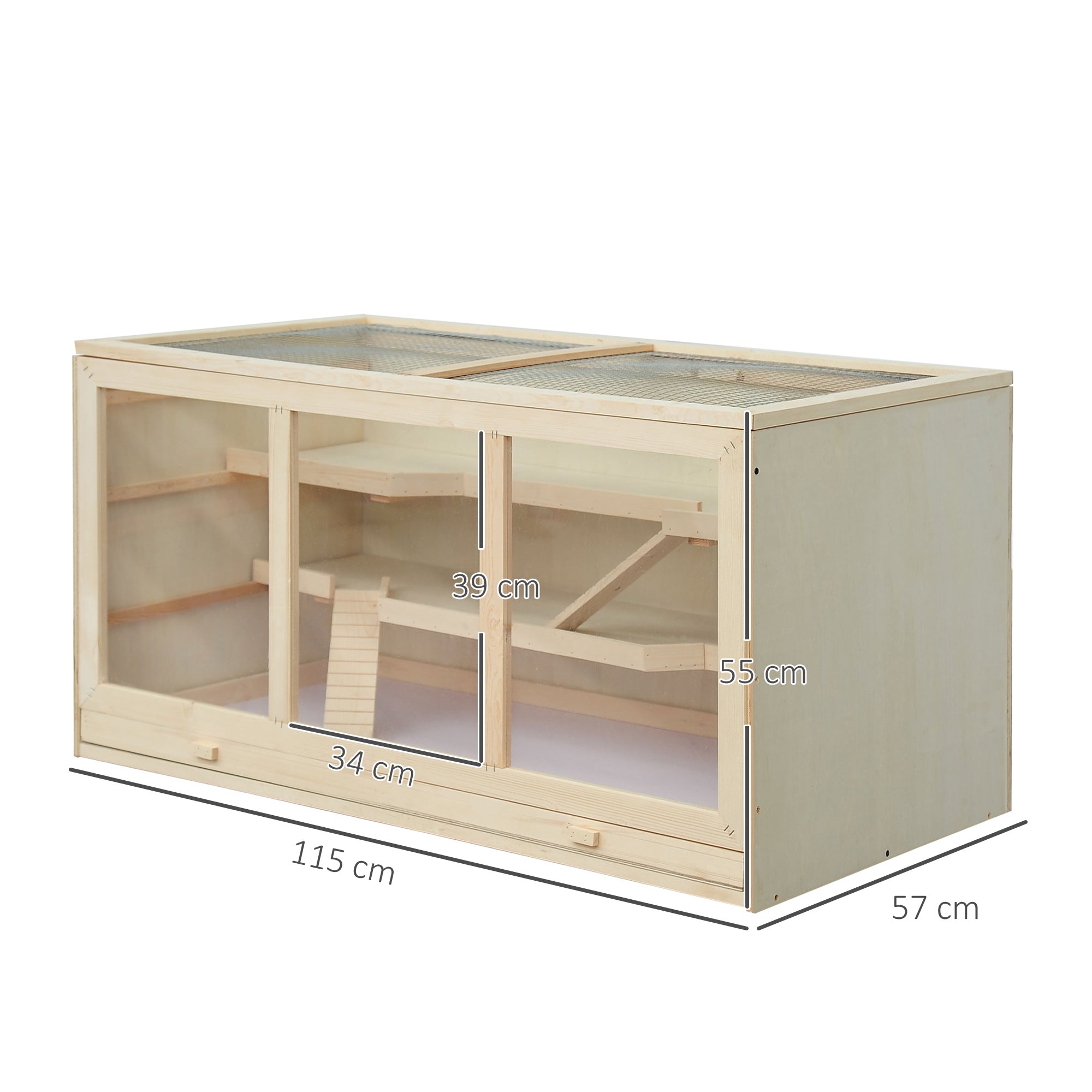 PawHut Wooden Hamster Cage, Small Animals Hutch with Tray, Openable Top, Exercise Play House Pen, 115L x 57W x 55Hcm, Natural