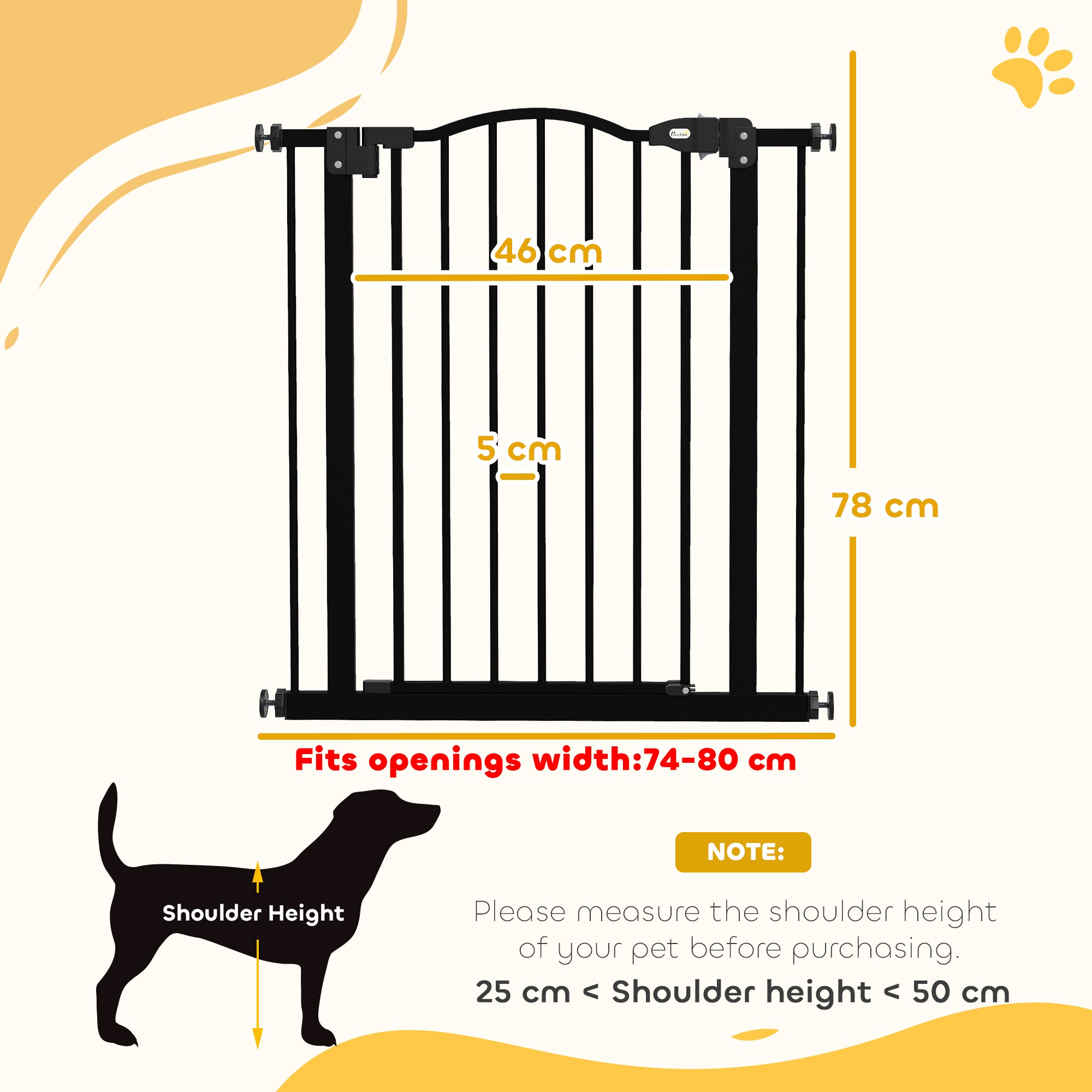 PawHut Metal 74-80cm Adjustable Pet Gate Safety Barrier w/ Auto-Close Door Black