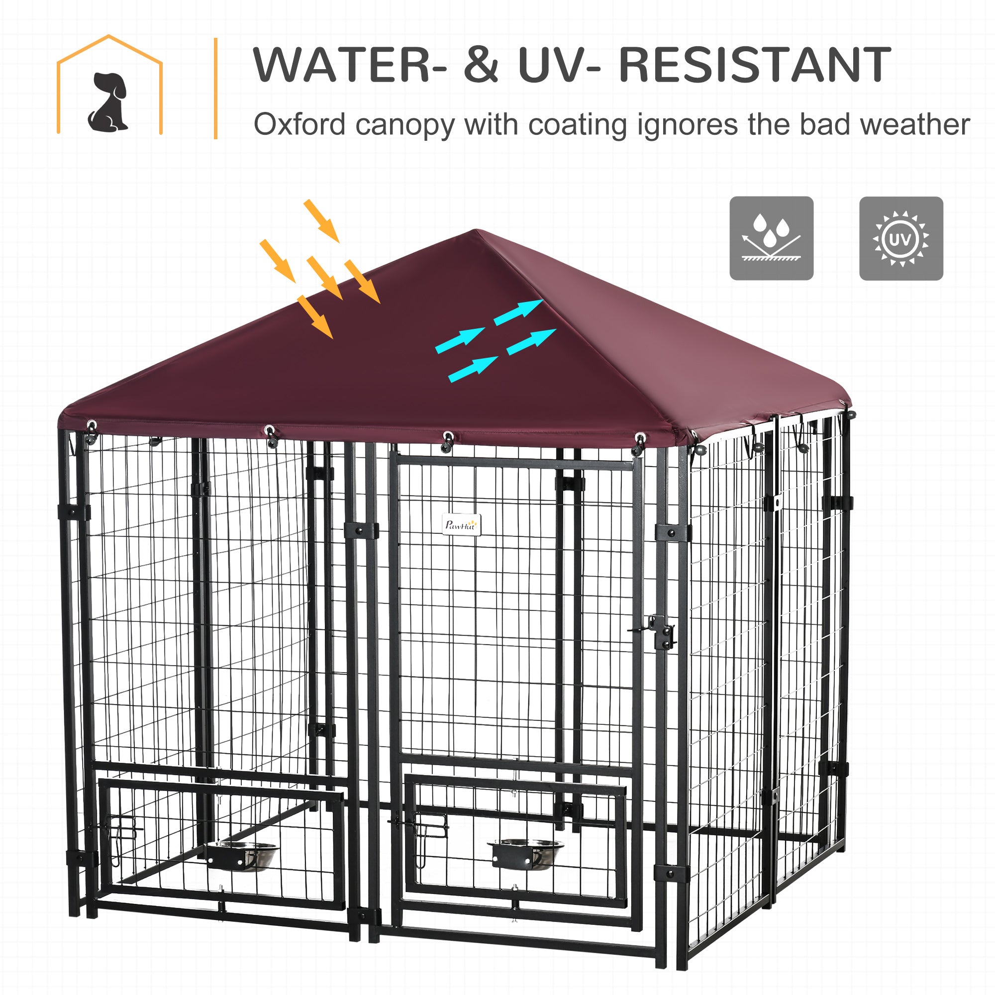 PawHut Outdoor Dog Kennel with Rotating Bowl Holders, Water and UV-Resistant Cover for Medium & Small Dogs, Red - North Peak Garden Furniture