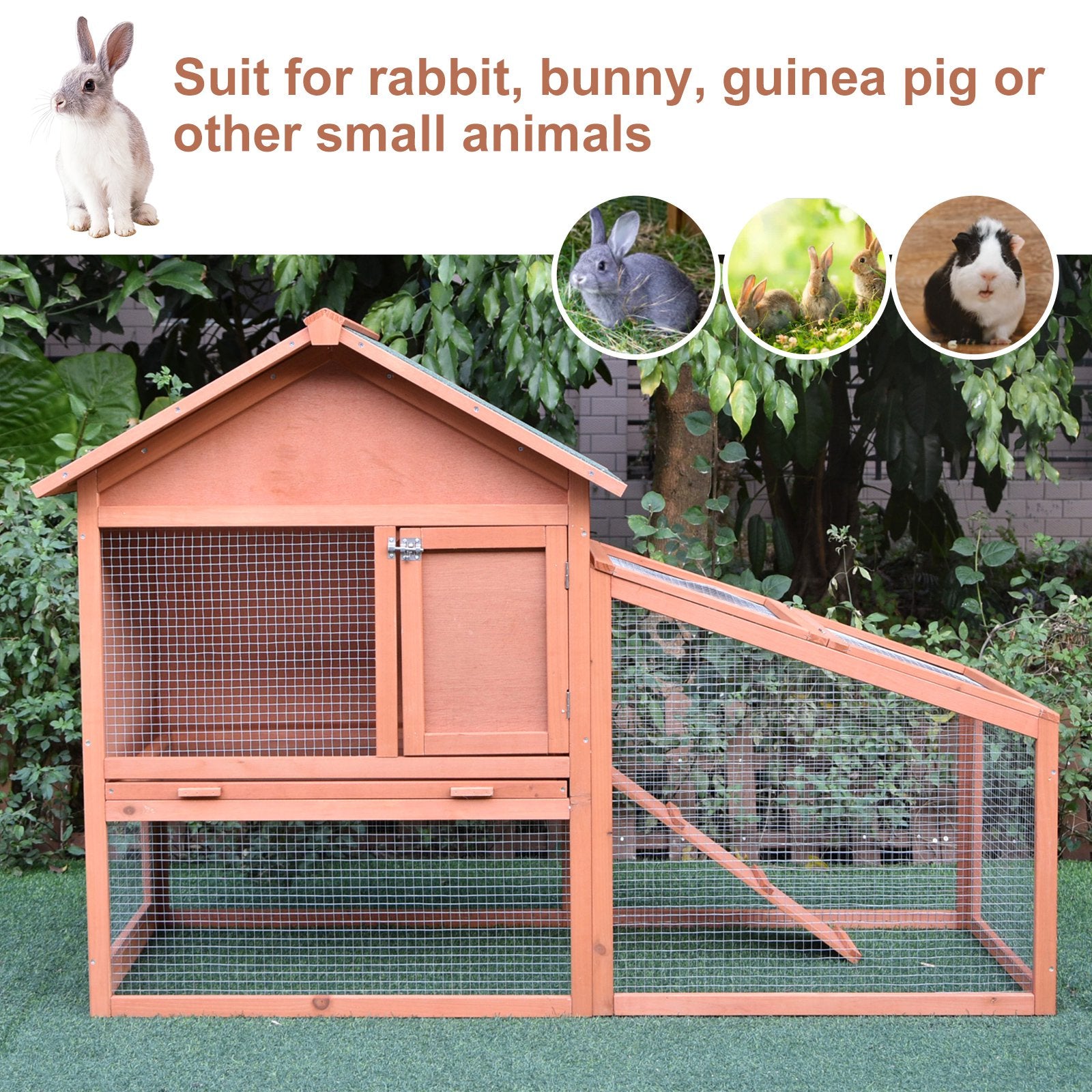 PawHut Small Animal Two-Level Fir Wood Guinea Pigs Hutches w/ Slide Out Tray Red/Brown