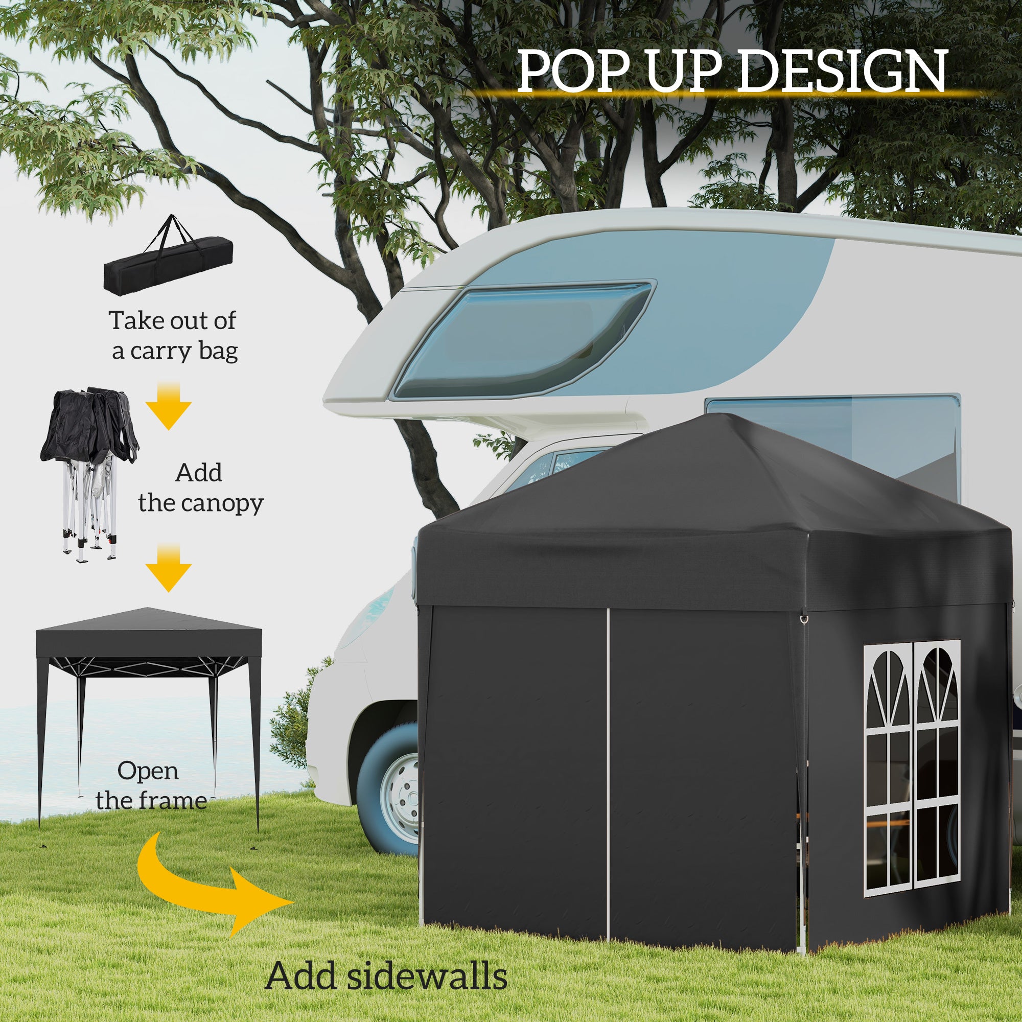 Outsunny 2x2m Garden Pop Up Gazebo Shelter Canopy w/ Removable Walls and Carrying Bag for Party and Camping, Black