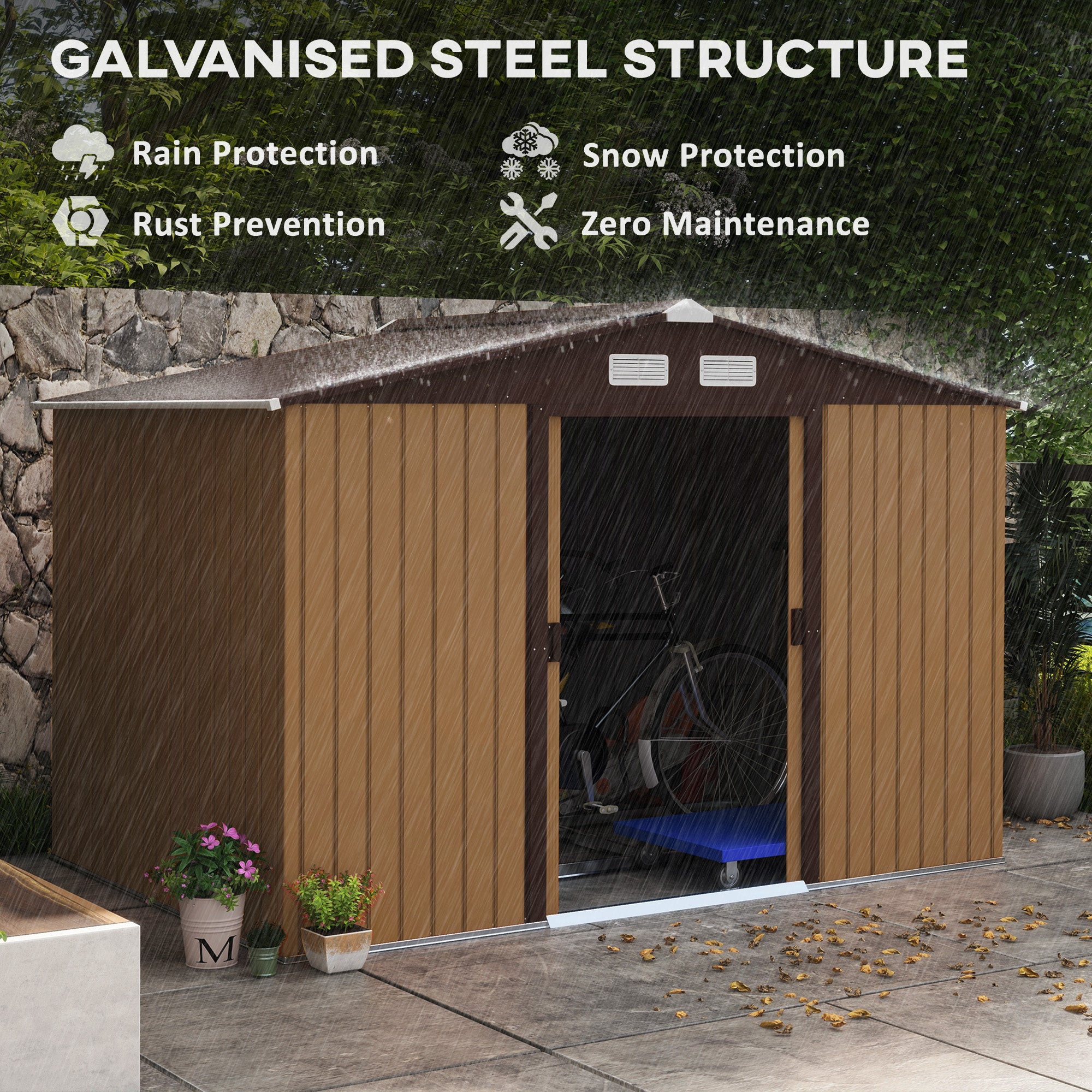 Outsunny 9 x 6ft Metal Garden Shed, Outdoor Storage Tool House with Ventilation Slots, Foundation Kit and Lockable Double Doors, Yellow - North Peak Garden Furniture