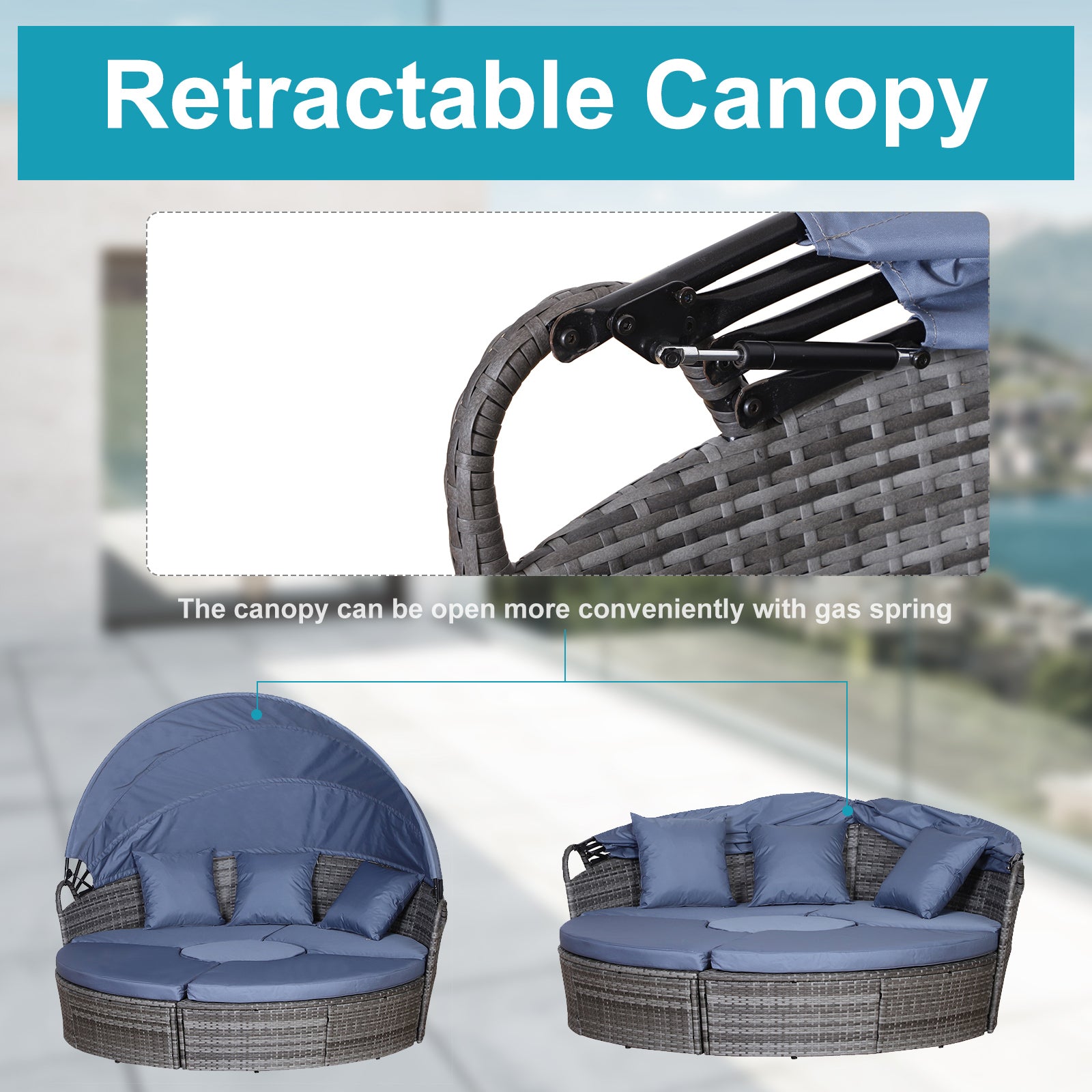 Outsunny PE Rattan Lounge Set, 5 Pieces Patio Conversation Furniture Set, Garden Round Sofa Bed with Cushion and Retractable Canopy, Grey - North Peak Garden Furniture