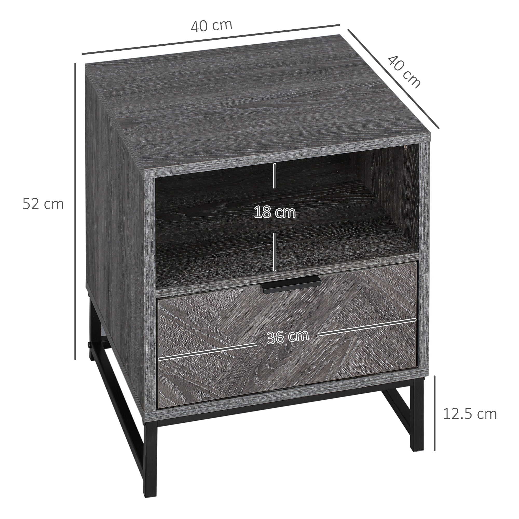 HOMCOM Bedside Table with Drawer and Shelf, Side End Table with Steel Legs for Living Room, Bedroom, Set of 2, Dark Grey - North Peak Garden Furniture