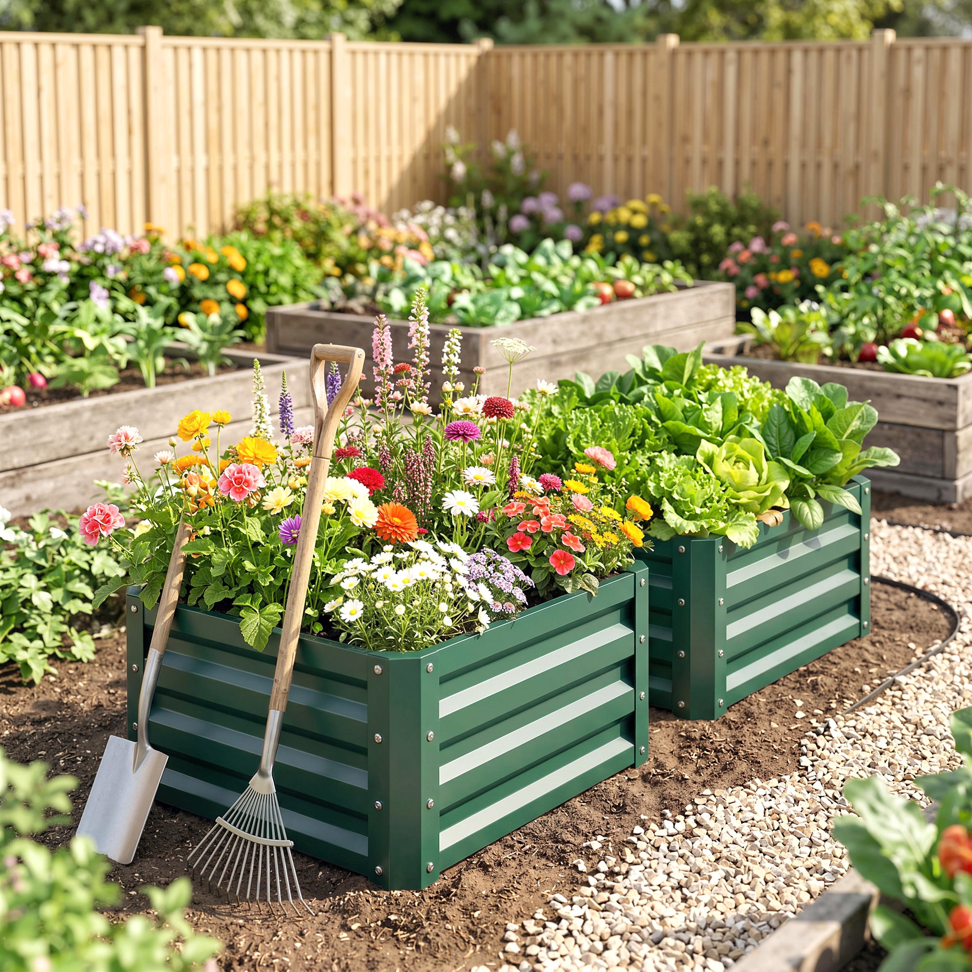 Outsunny Set of 2 Raised Garden Bed, Outdoor Elevated Galvanised Planter Box for Flowers, Herbs, 60x60x30.5cm, Green