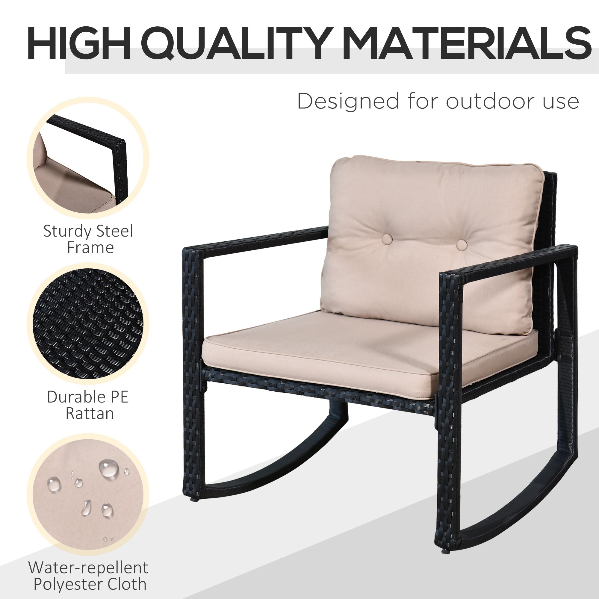 Outsunny 3 Pieces Rattan Garden Rocking Chair Set, Outdoor Rocking Bistro Set w/ 2 Cushioned Armchair and Glass Top Two-tier Coffee Table, Black - North Peak Garden Furniture