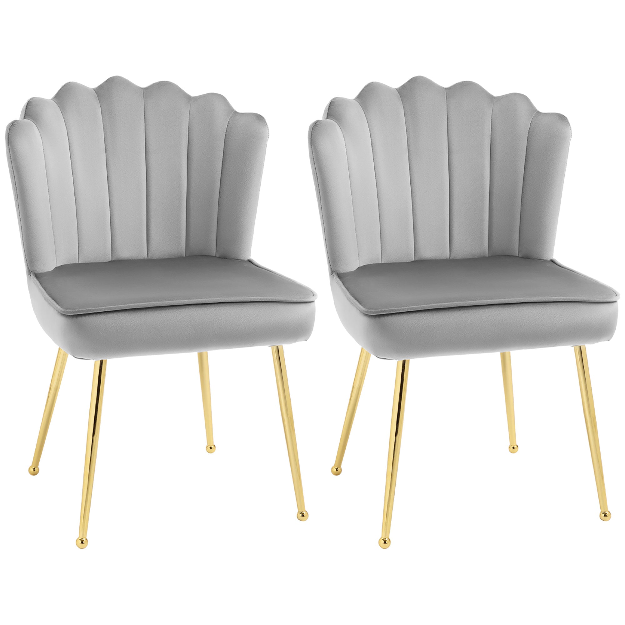 HOMCOM Shell Dining Chairs Set of 2, Upholstered Kitchen Chairs with Gold Metal Legs and Backrest, Velvet Fabric Lounge Leisure Chairs for Living Room, Reception Room, Grey