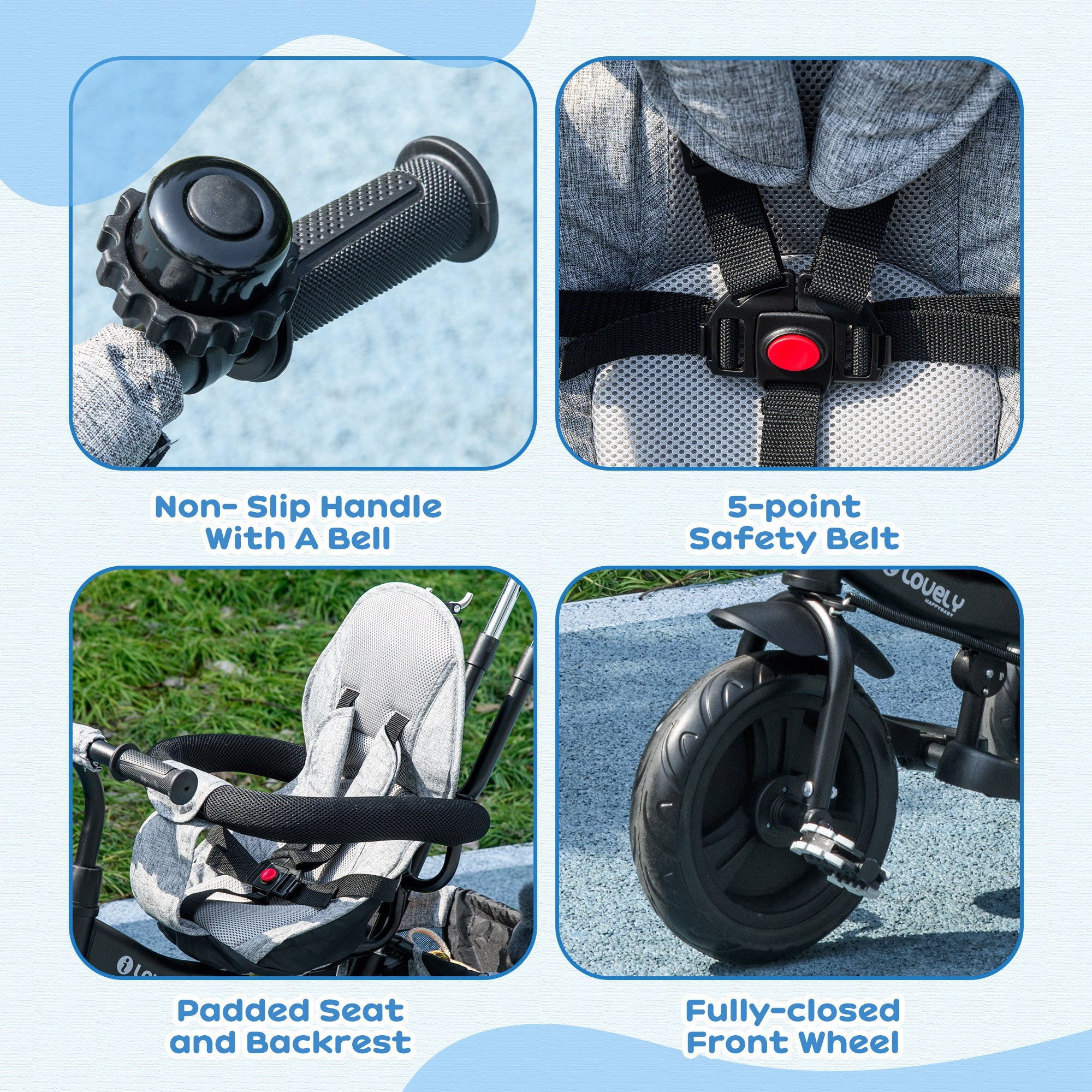 HOMCOM 6 in 1 Kids Trike Push Bike w/ Push Handle, Canopy, 5-point Safety Belt, Storage, Footrest, Brake, for 1-5 Years, Grey - North Peak Garden Furniture