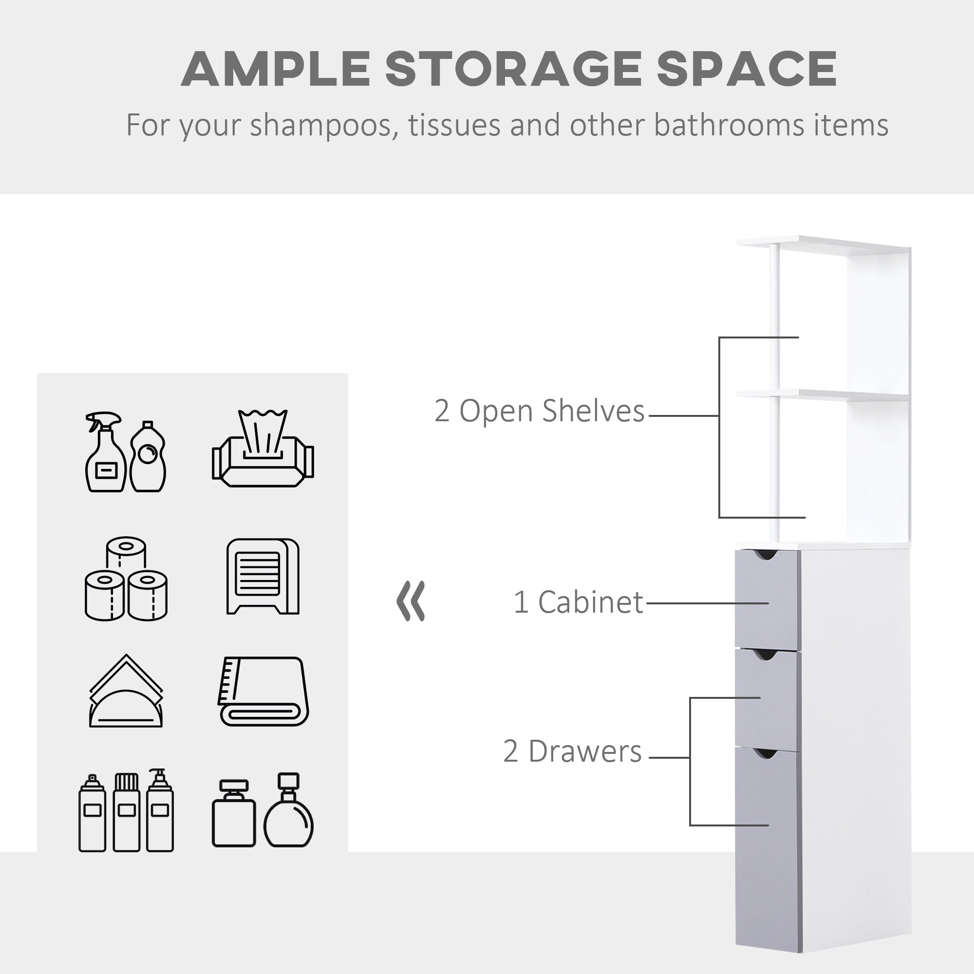 HOMCOM Tall Bathroom Cabinet, Freestanding Bathroom Storage Cabinet with 2-Tier Shelf and Drawers, Narrow Cupboard Storage Unit, White, Grey