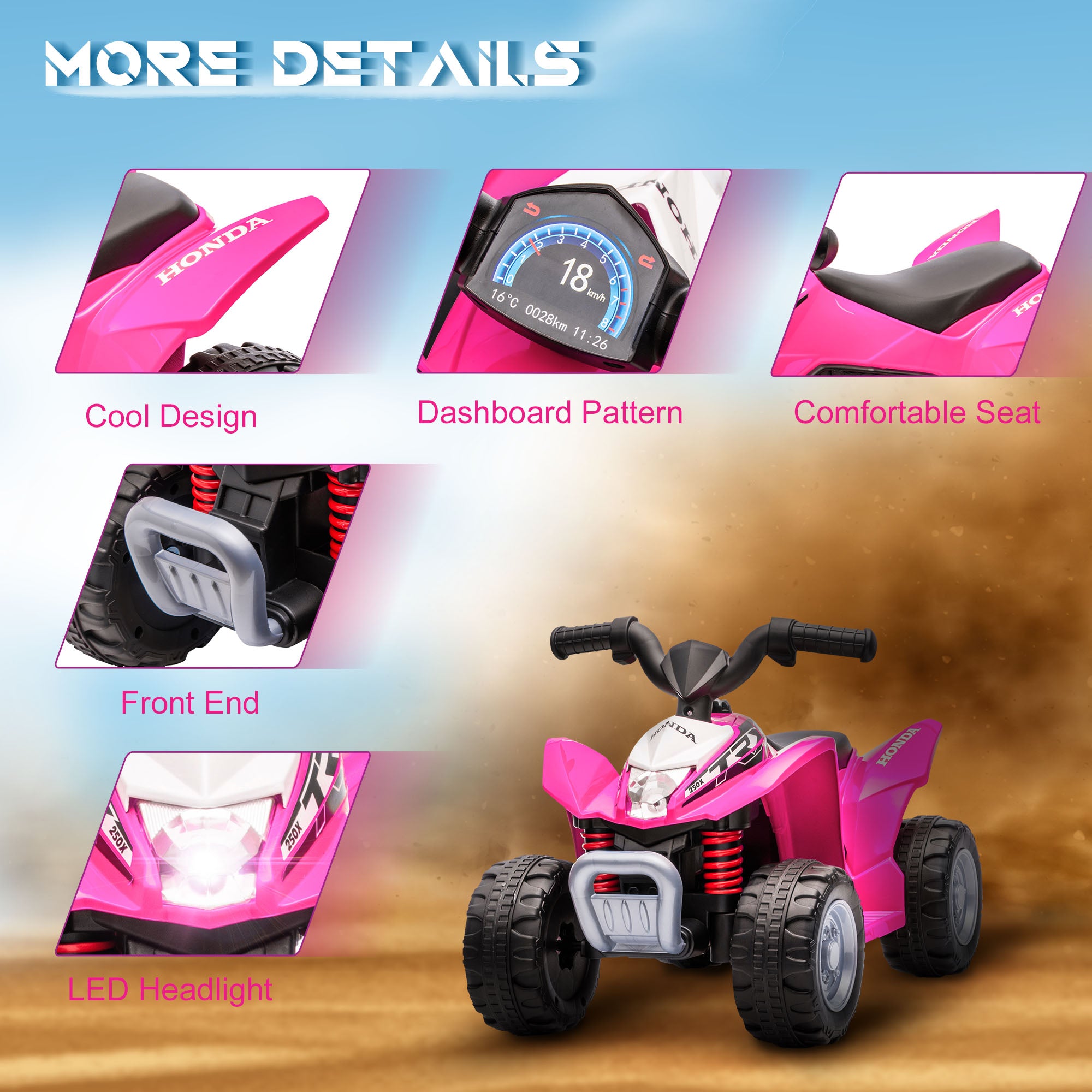 AIYAPLAY Honda Licensed Kids Electric Quad Bike, 6V ATV Ride On for Ages 1.5-3 Years, Blue - North Peak Garden Furniture