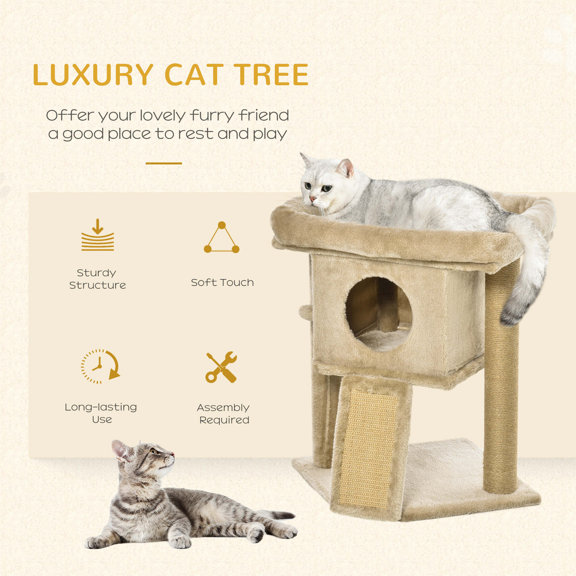 PawHut Cat Tree Tower for Indoor Cats Cat Scratching Post Climbing Activity Centre w/Jute Scratching Pad, Toy Ball, Cat House - Coffee - North Peak Garden Furniture