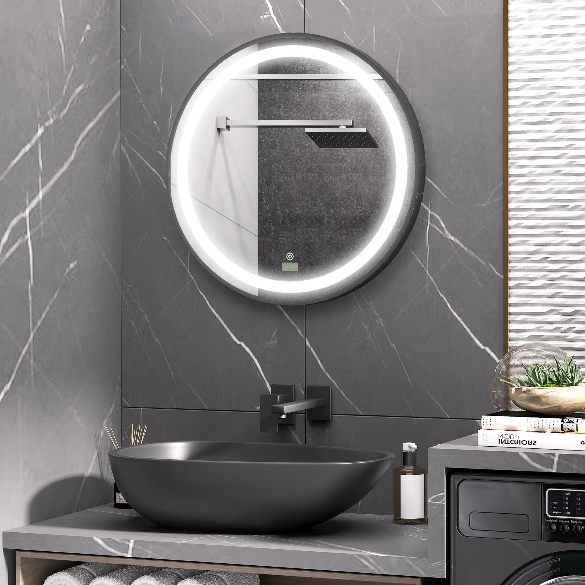 kleankin Round LED Bathroom Mirror, Dimmable Lighted Wall-Mounted Mirror with 3 Temperature Colours, Memory Function, Hardwired - North Peak Garden Furniture