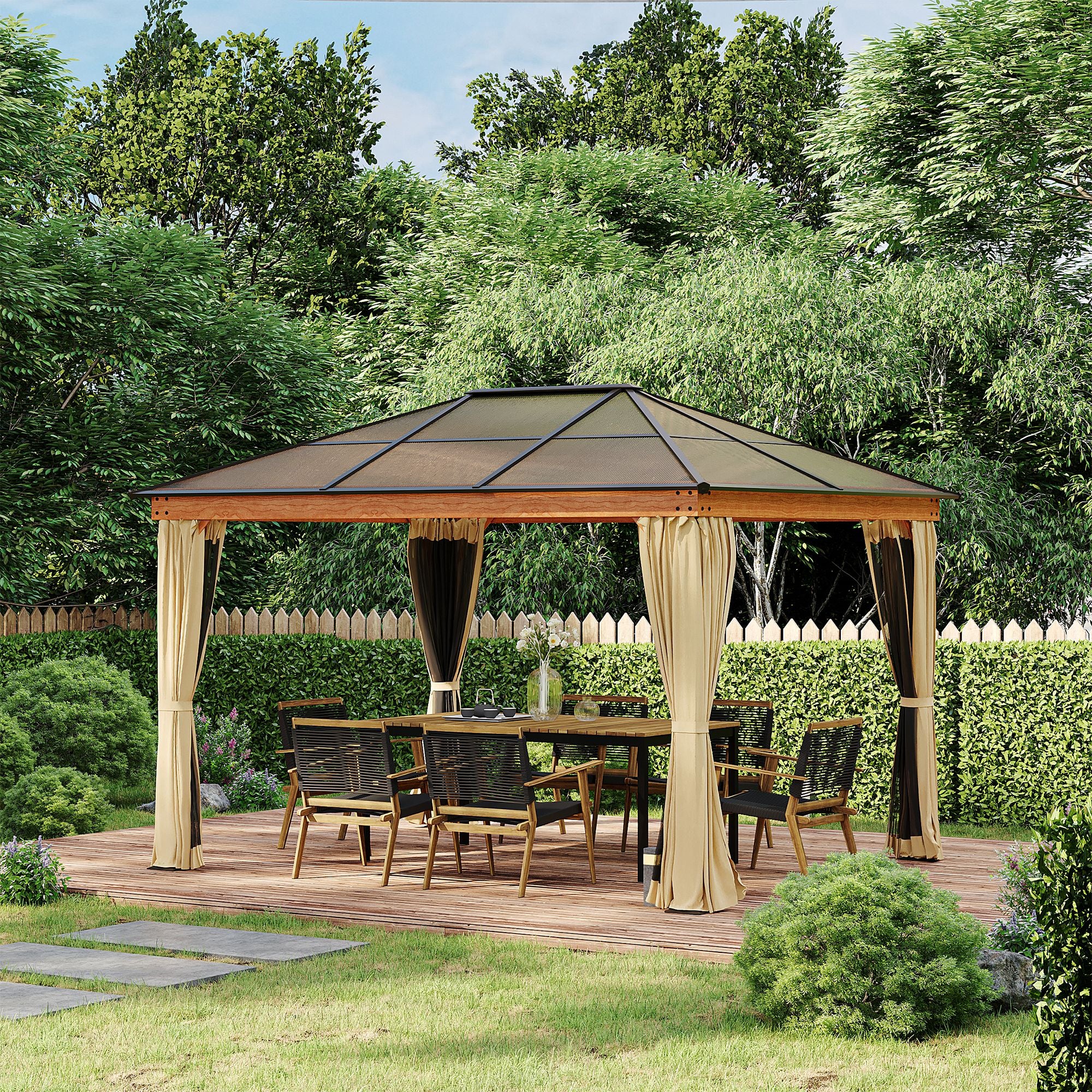 Outsunny 3 x 3.6 m Hardtop Gazebo Canopy, Polycarbonate Roof Garden Pavilion with Aluminium and Steel Frame, Nettings and Sidewalls for Garden, Patio, Khaki - North Peak Garden Furniture