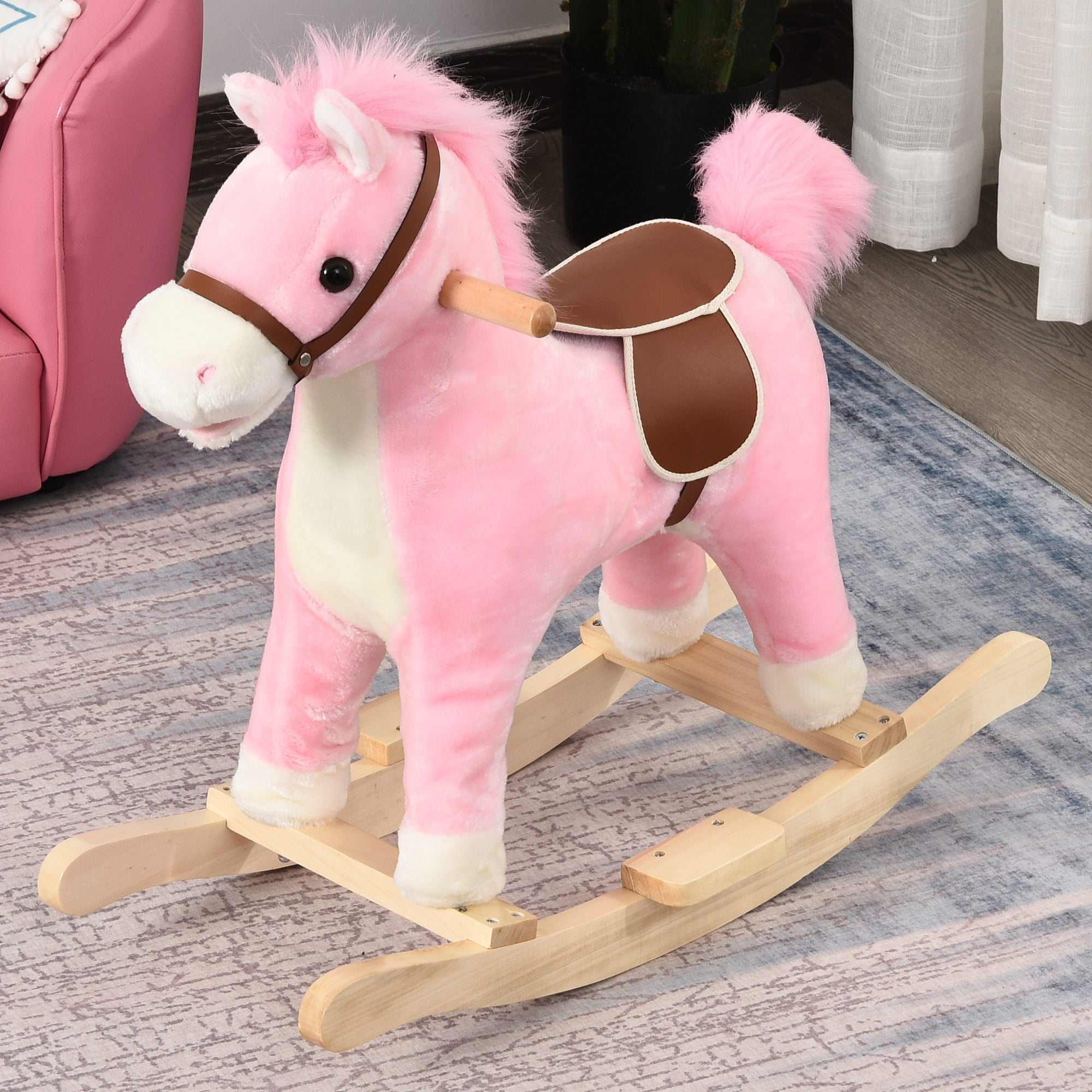 HOMCOM Kids Plush Rocking Horse w/ Sound Moving Mouth Wagging Tail Children Rocker Ride On Toy Gift 3-6 Years Pink - North Peak Garden Furniture