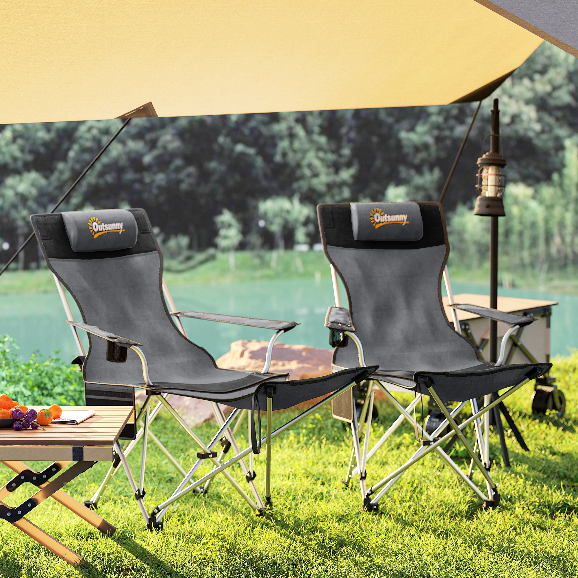Outsunny Set of 2 Reclining Folding Camping Chair w/ Detachable Footrest, Storage Bag, Cup Holder & Headrest, Lightweight Portable Camp Chair for Beach, Picnic, Grey and Black - North Peak Garden Furniture