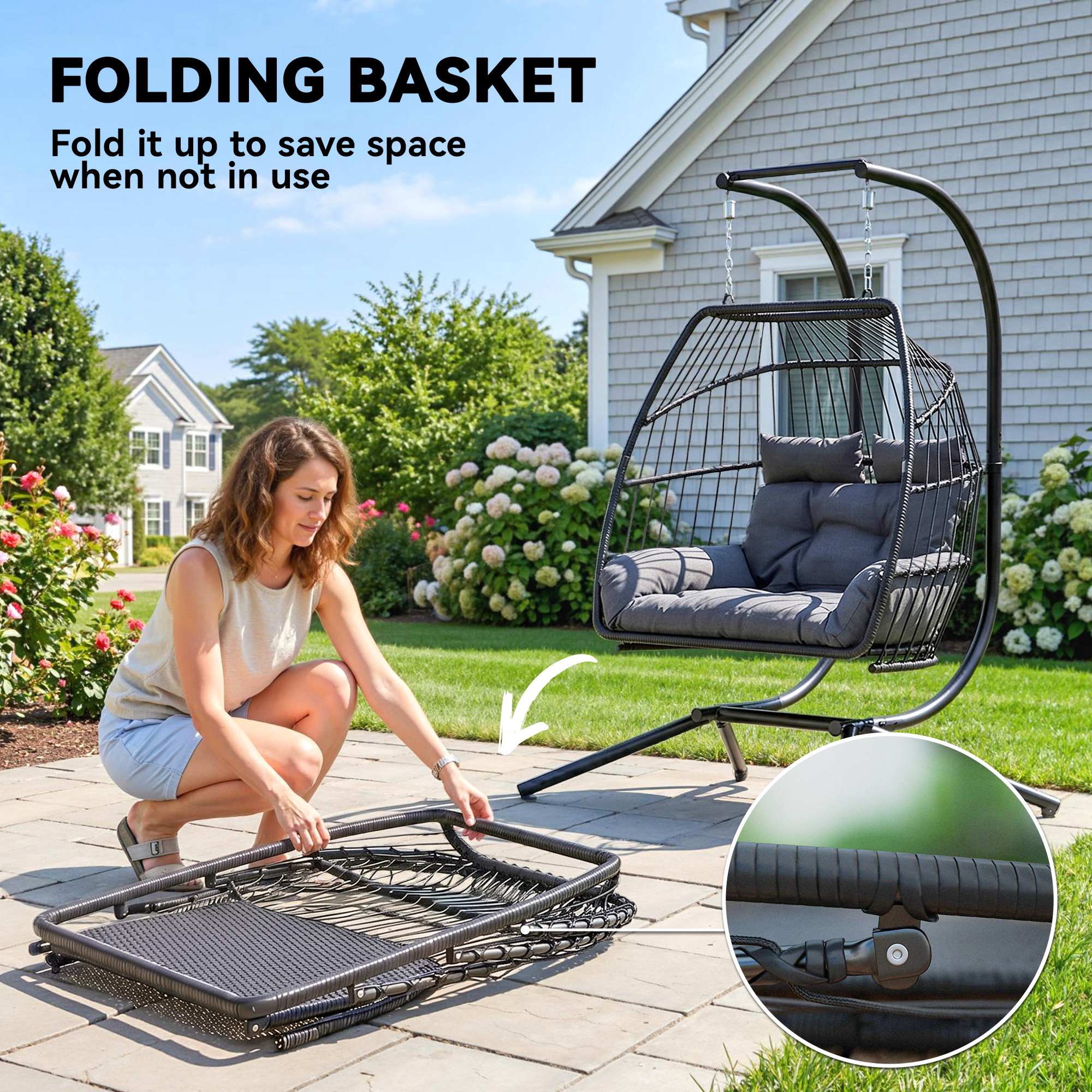 Outsunny Rattan Double Hanging Egg Chair with Stand, Foldable Wicker Swing Egg Chair with Cushion, Head Pillows, Steel Frame, Hammock Chair for Indoor Outdoor, Capacity 260 kg, Dark Grey