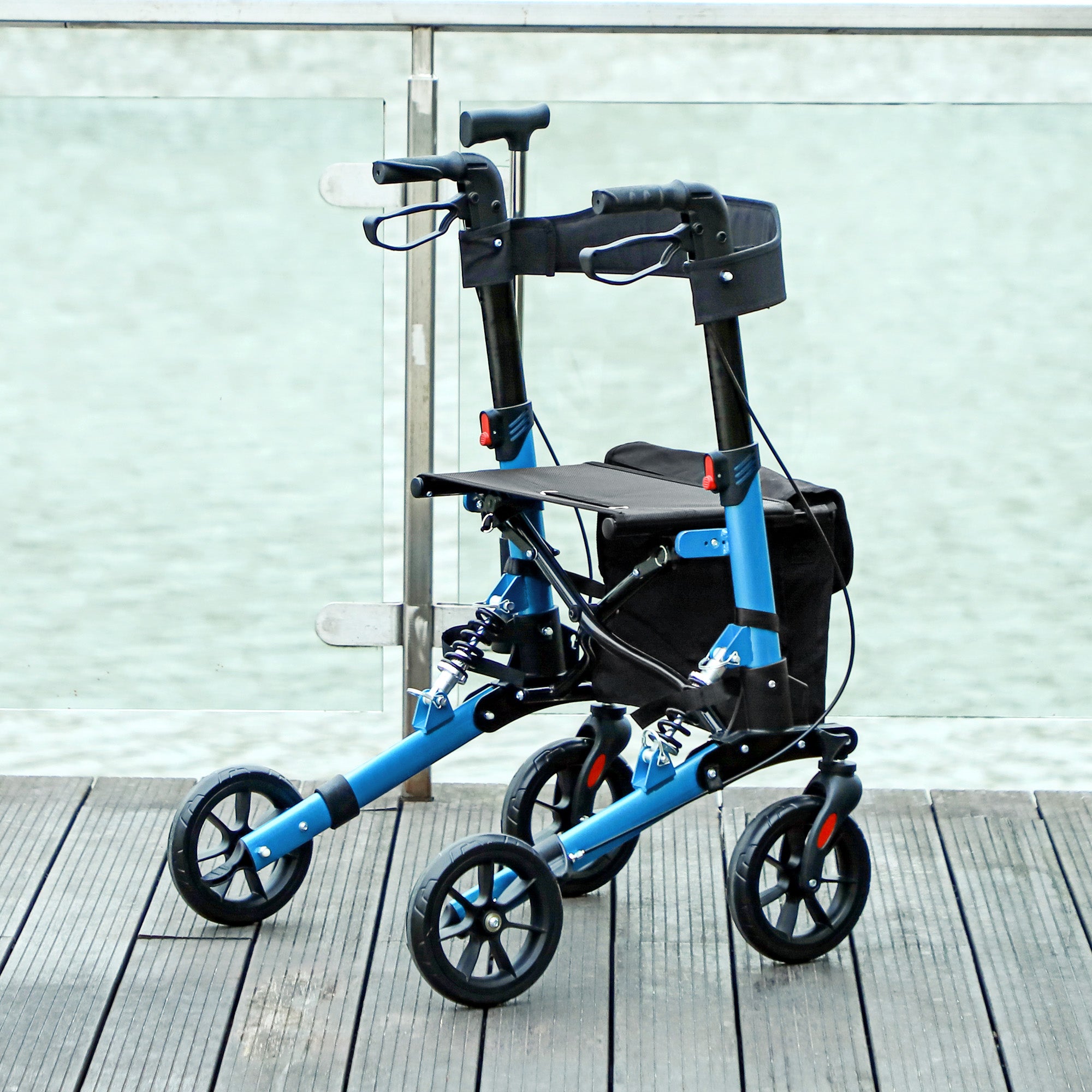 HOMCOM Folding Rollator Walker with Seat, Backrest, Lightweight Walking Frame with Storage Bag, Dual Brakes, Adjustable Handle Height, Suspension System, 4 Wheeled Walker for Seniors, Blue - North Peak Garden Furniture